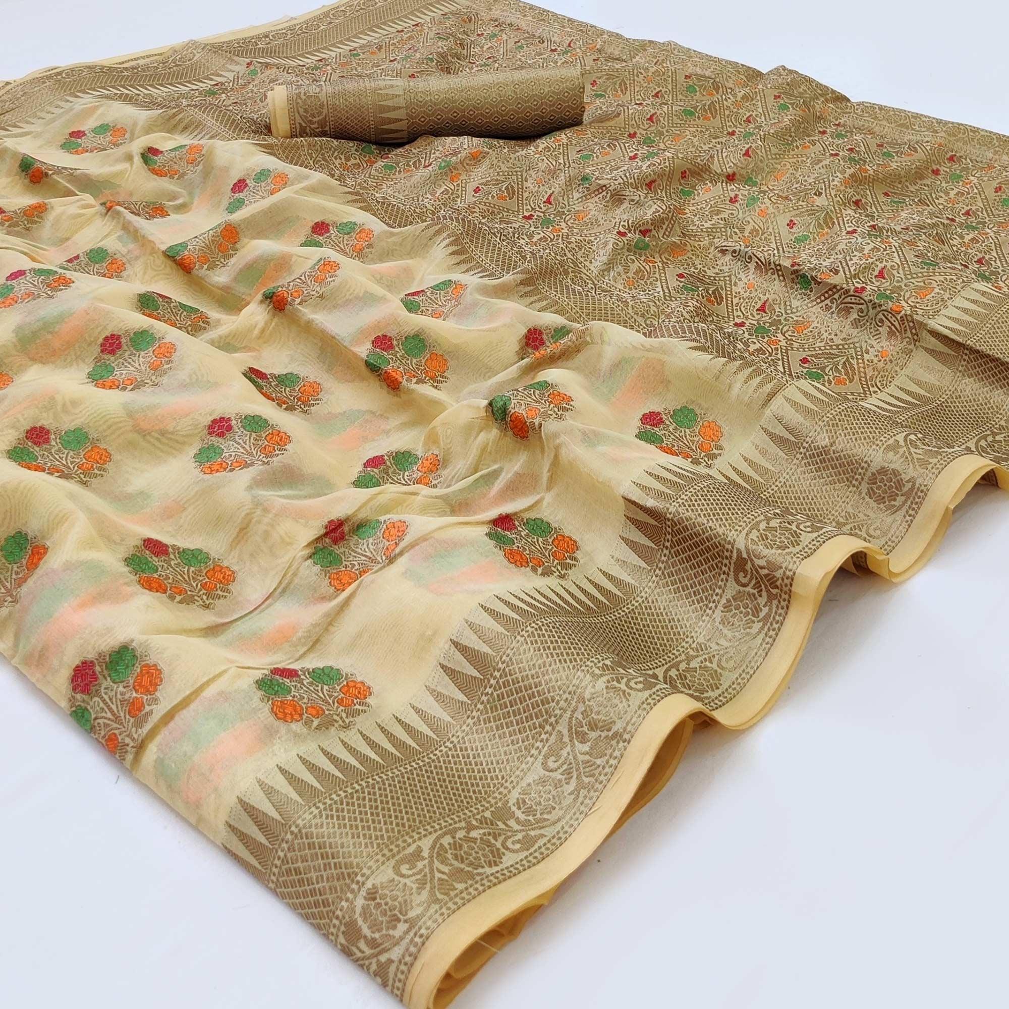 Peachmode Cream Woven Organza Saree – Women's