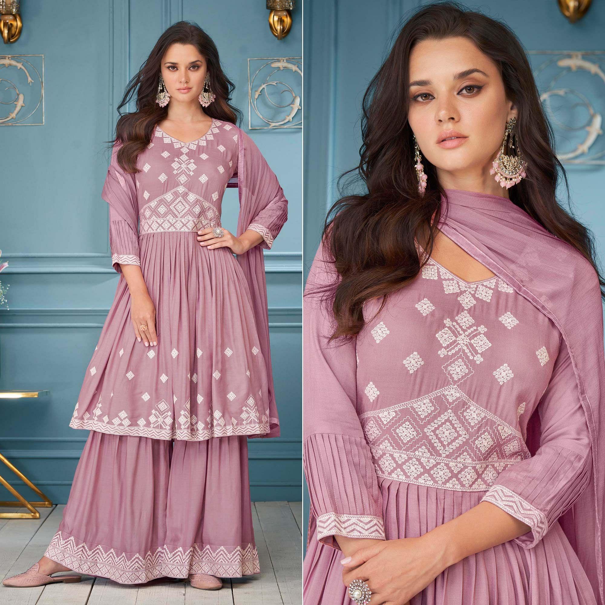 Peachmode Seller Mauve Embroidered Rayon Sharara Suit