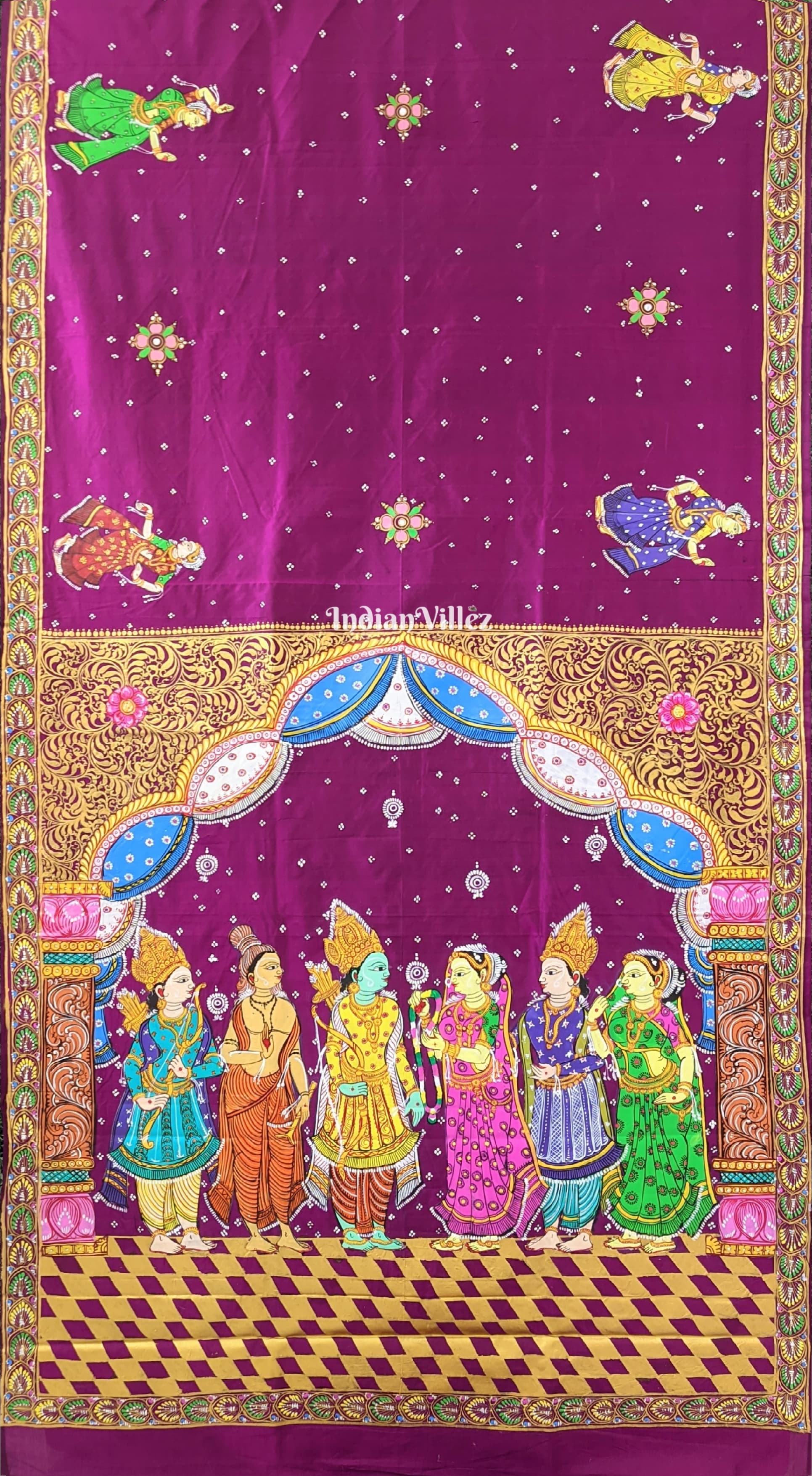 IndianVillèz Wine Color Ram Sita Vivah Theme Hand-Painted Pattachitra Saree