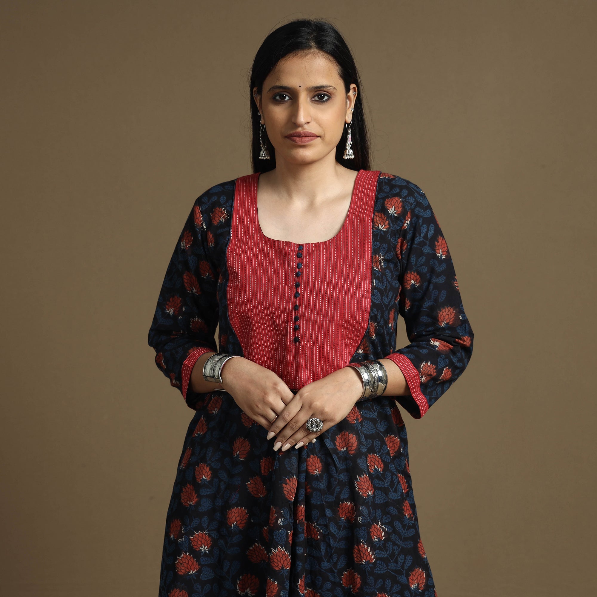ITOKRI CASUALS Blue - Bagru Hand Block Printed Cotton A-Line Long Kurta