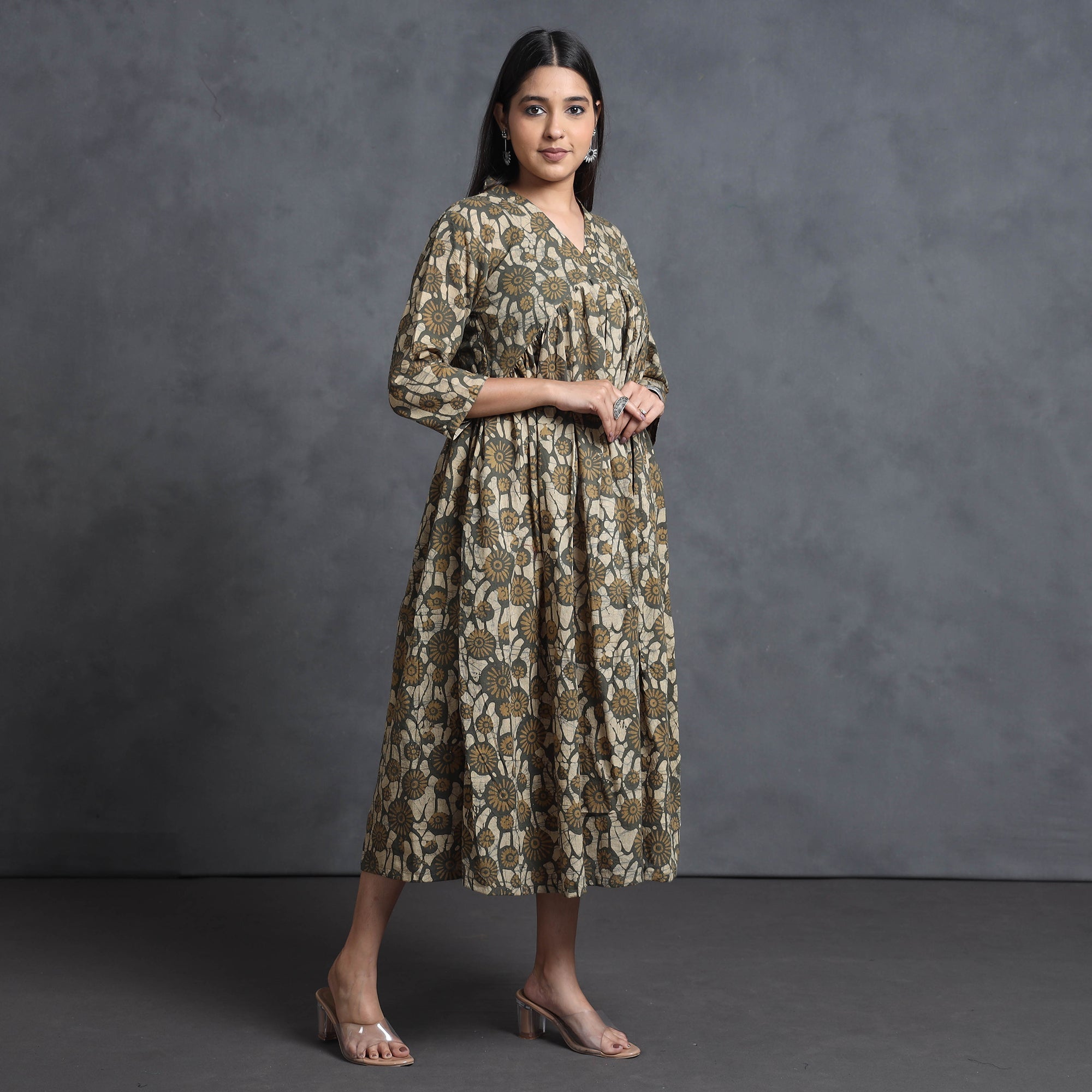 ITOKRI CASUALS Brown - Hand Batik Printed Cotton Flared Gher Dress - view 2