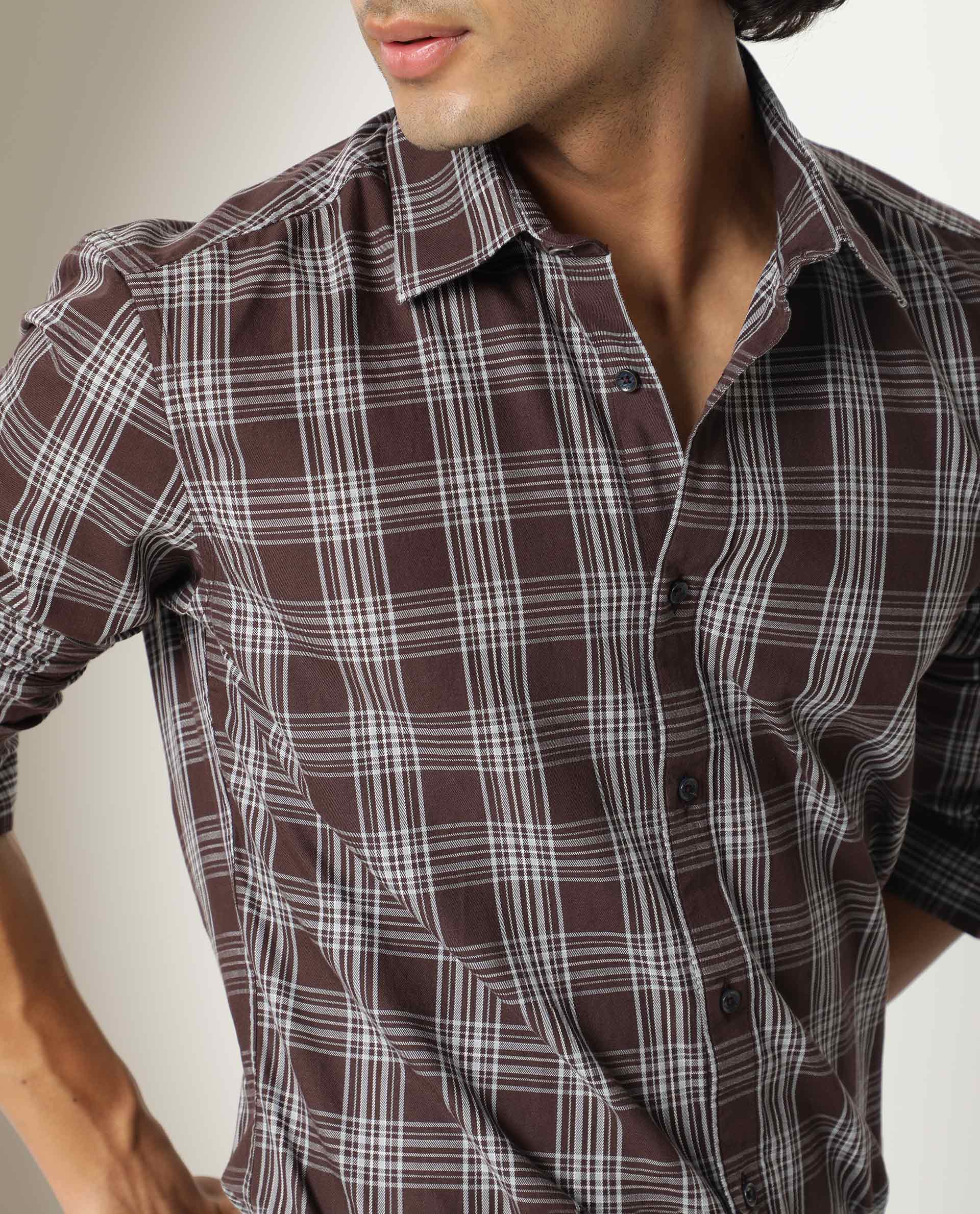 Rare Rabbit Men's Frazey Brown Cotton Fabric Full Sleeves Checks Shirt - view 4