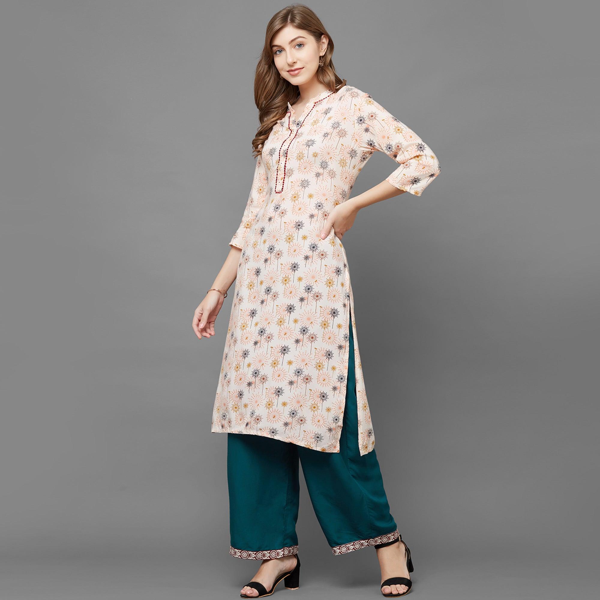 Peachmode Jazzy Peach Colored Casual Printed Cotton Kurti-Palazzo Set
