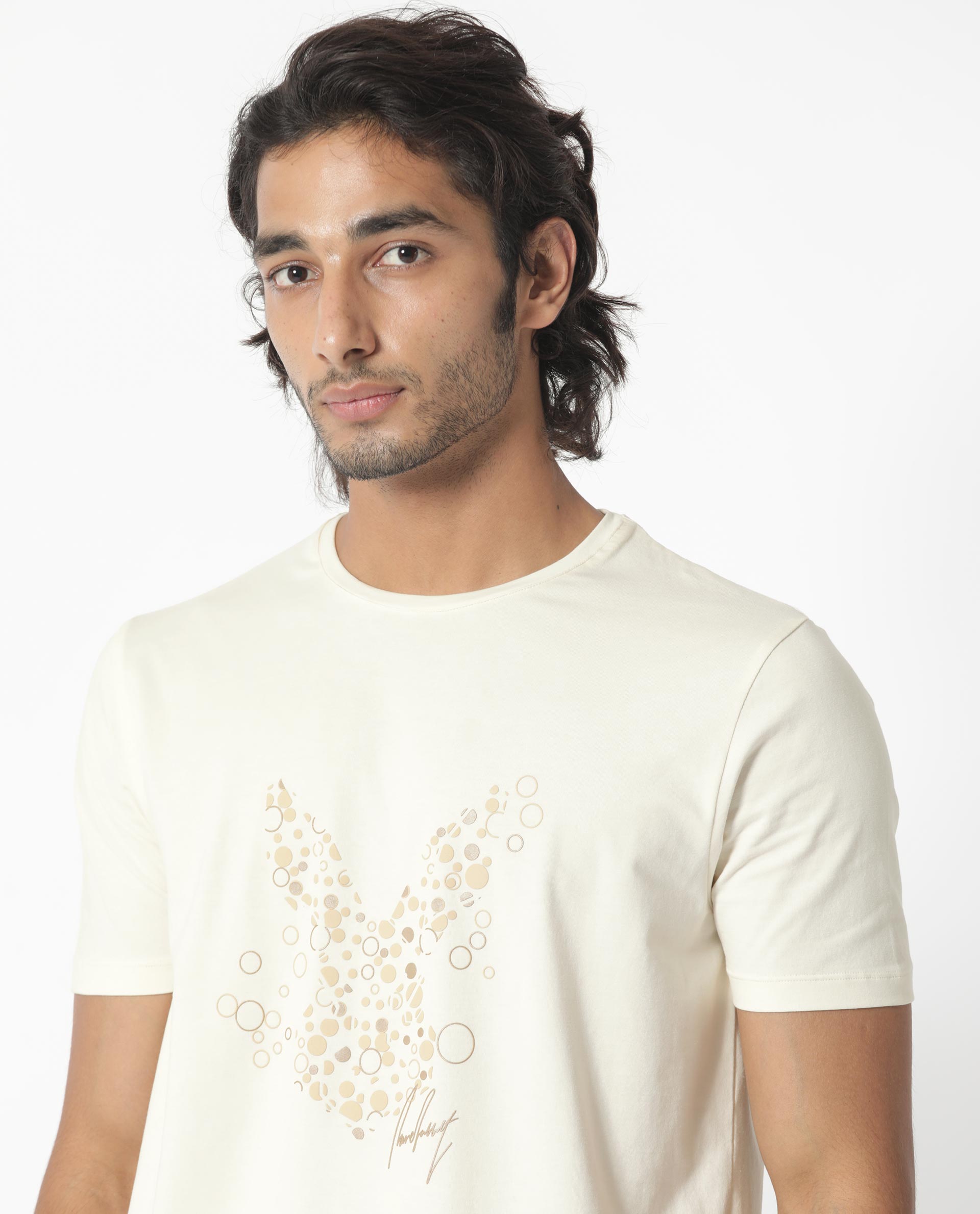 Rare Rabbit Men's Kerwin Beige Crew Neck HD Print Logo on Chest Half Sleeves Regular Fit T-Shirt - view 3
