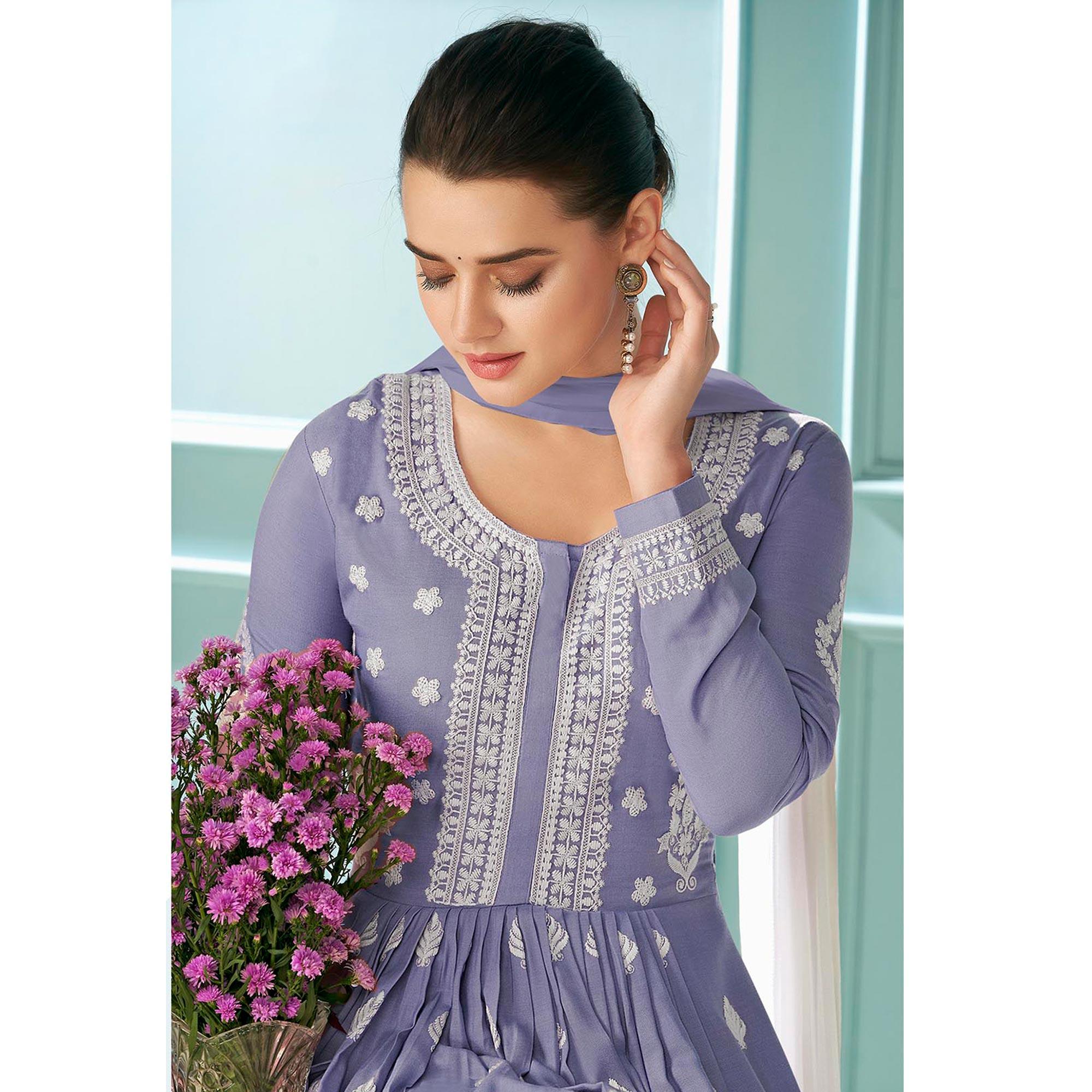 Peachmode Seller Lavender Partywear Floral Embroidered Rayon Palazzo Suit - view 3