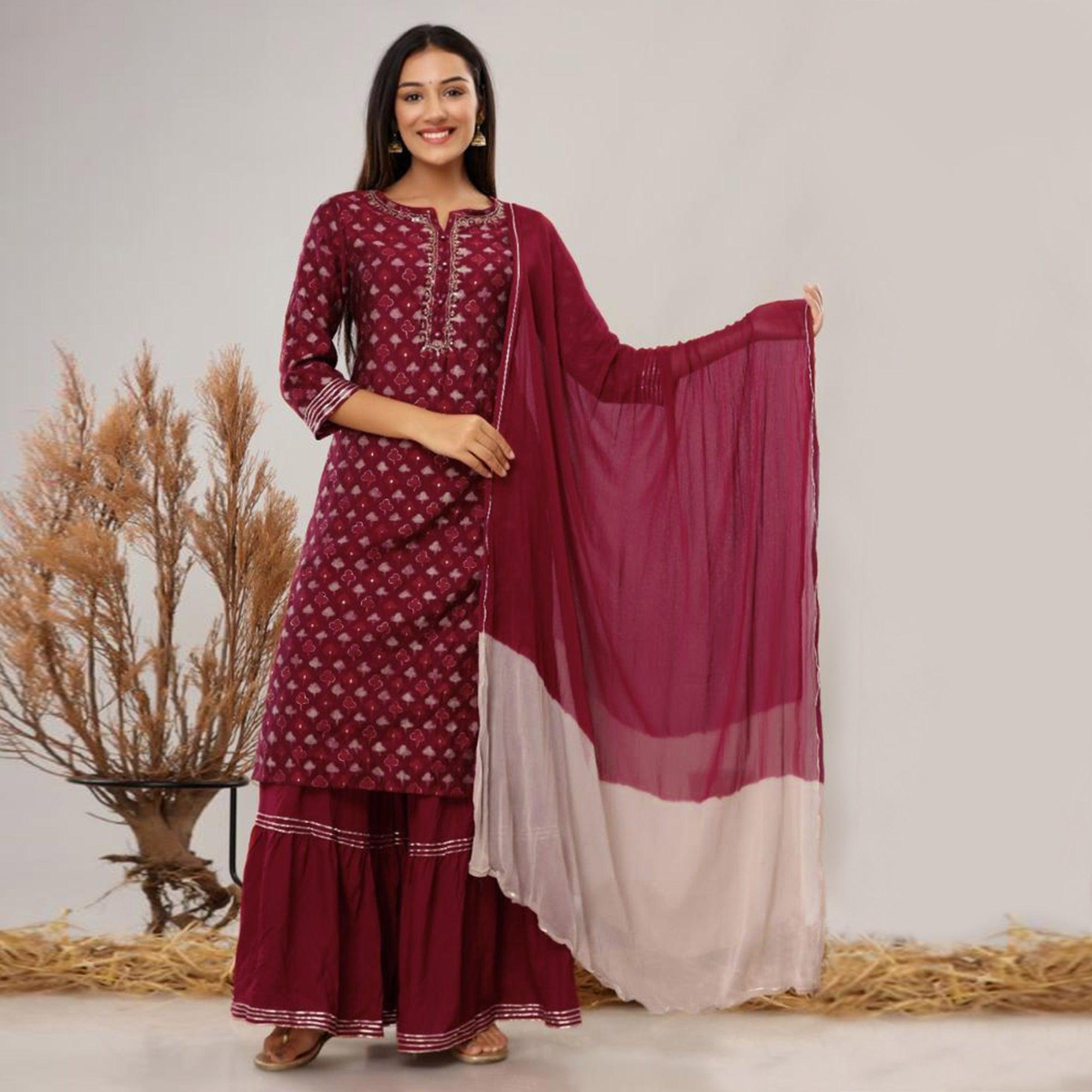 Peachmode Maroon Printed Pure Cotton Sharara Suit