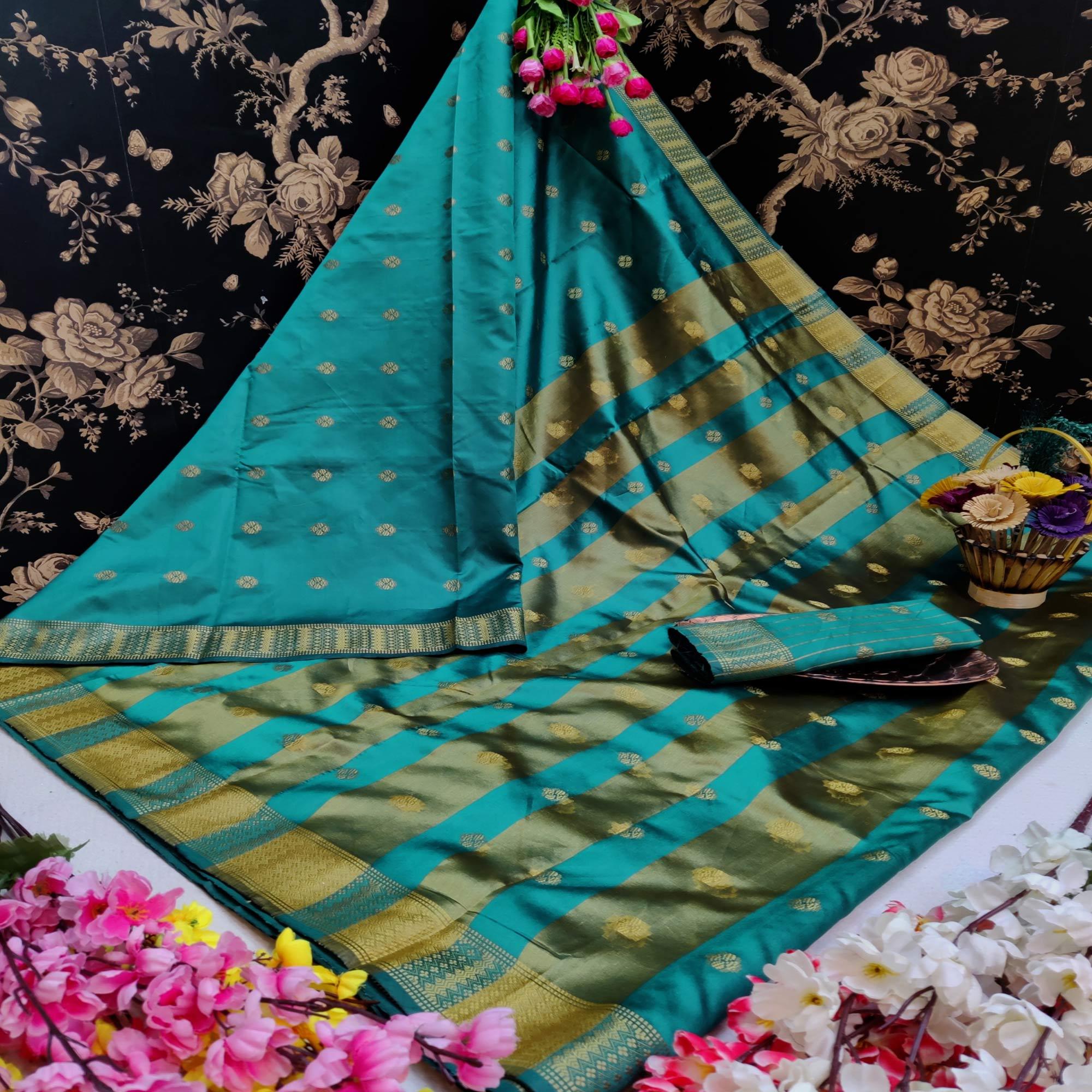Peachmode Breathtaking Rama Colored Festive Wear Woven Art Silk Saree