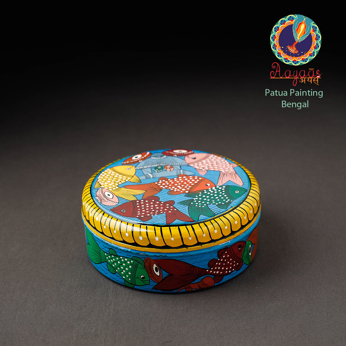 AAYAAS Blue - Bengal Patua Handpainted Stainless Steel Masala Box (7.5 x 7.5 in)
