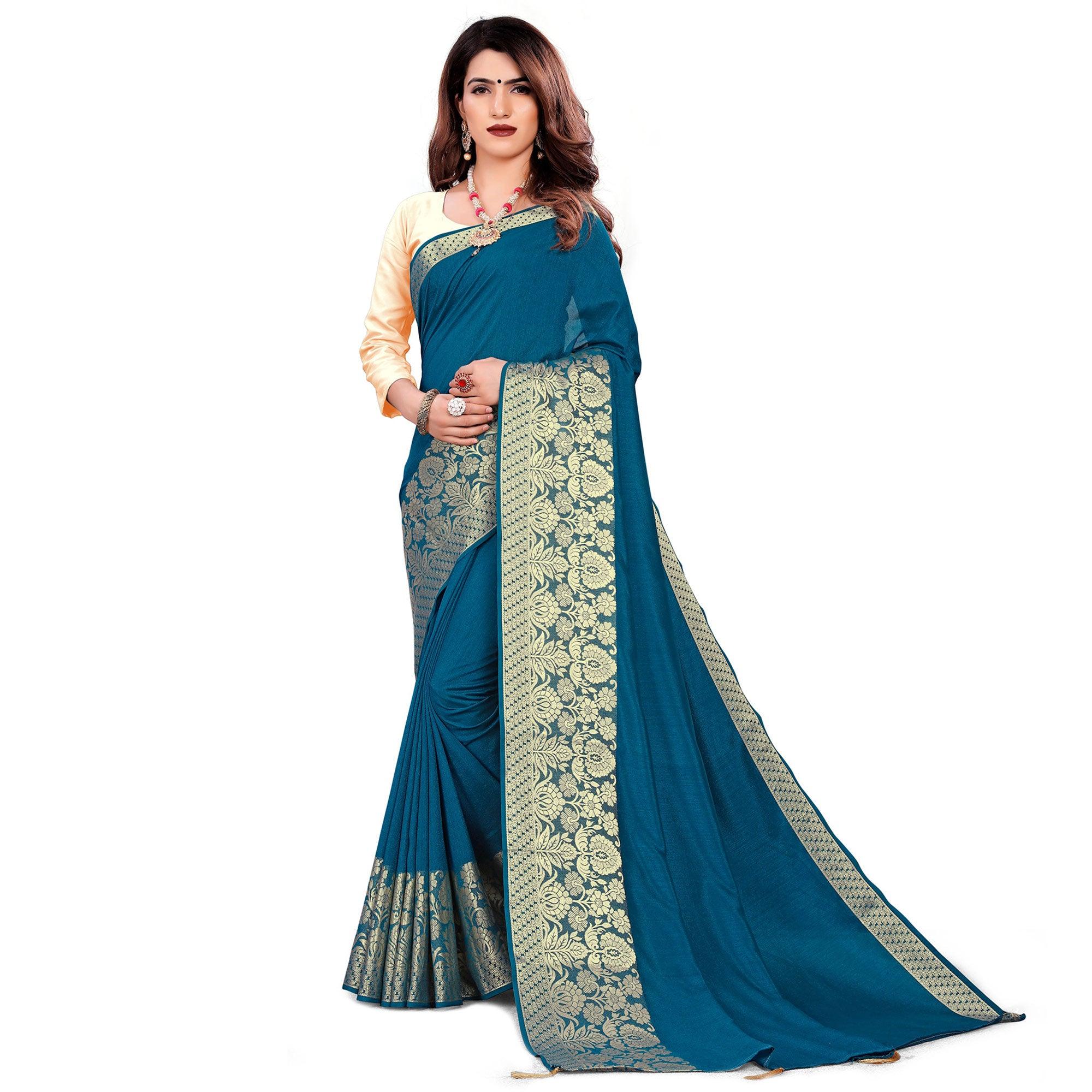Peachmode Classy Teal Blue Colored Festive Wear Woven Art Silk Saree With Tassels