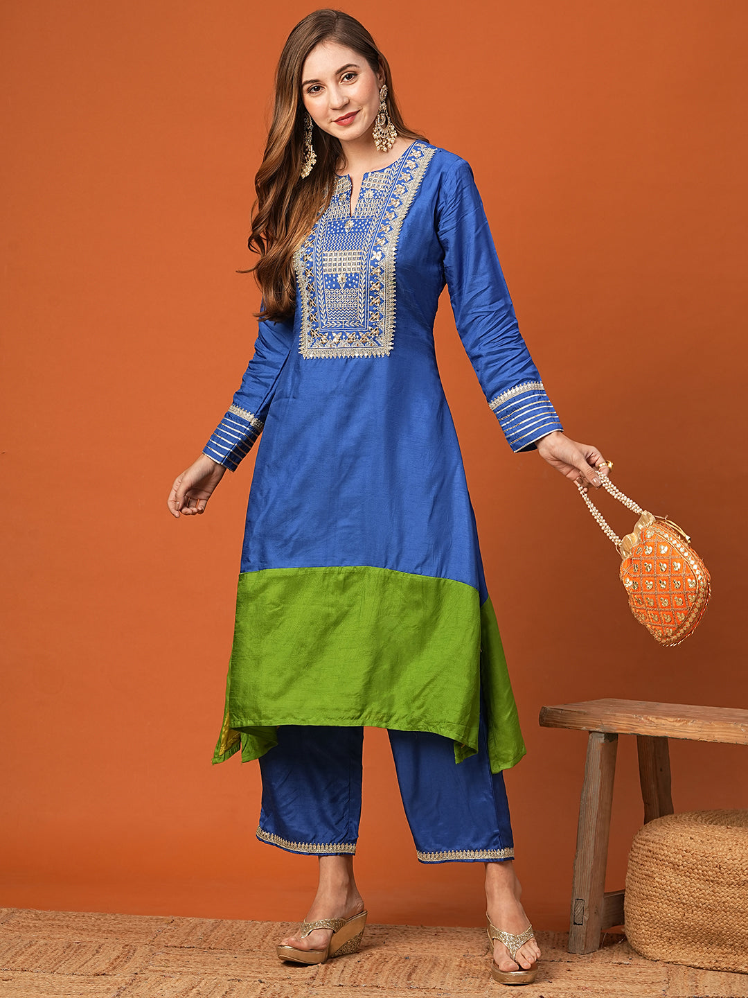 FASHOR Ethnic Zari Embroidered Colorblocked A-Line High-Low Kurta with Palazzo - Blue