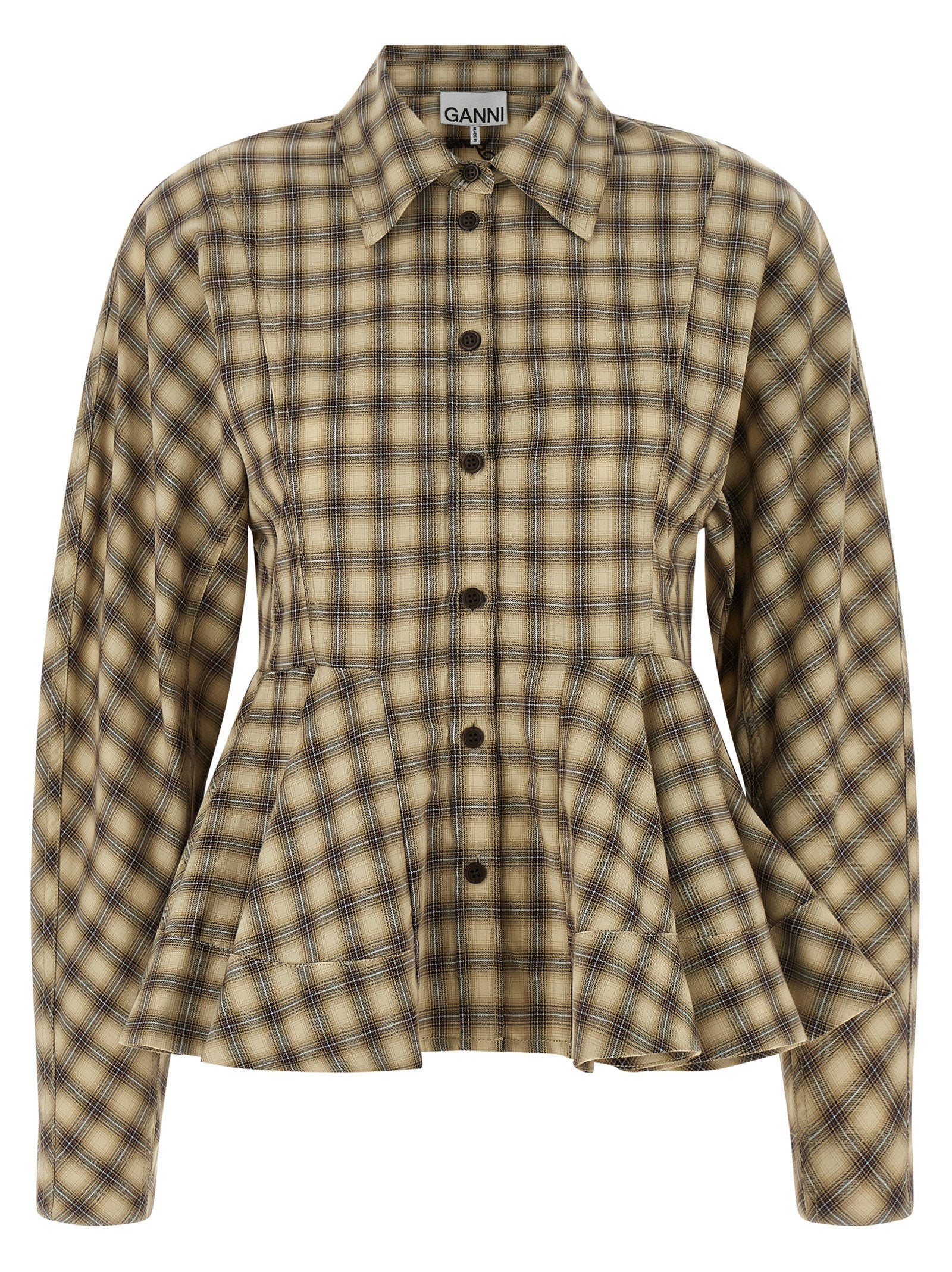 Ganni Check Flannel Peplum Shirt – 100% cotton