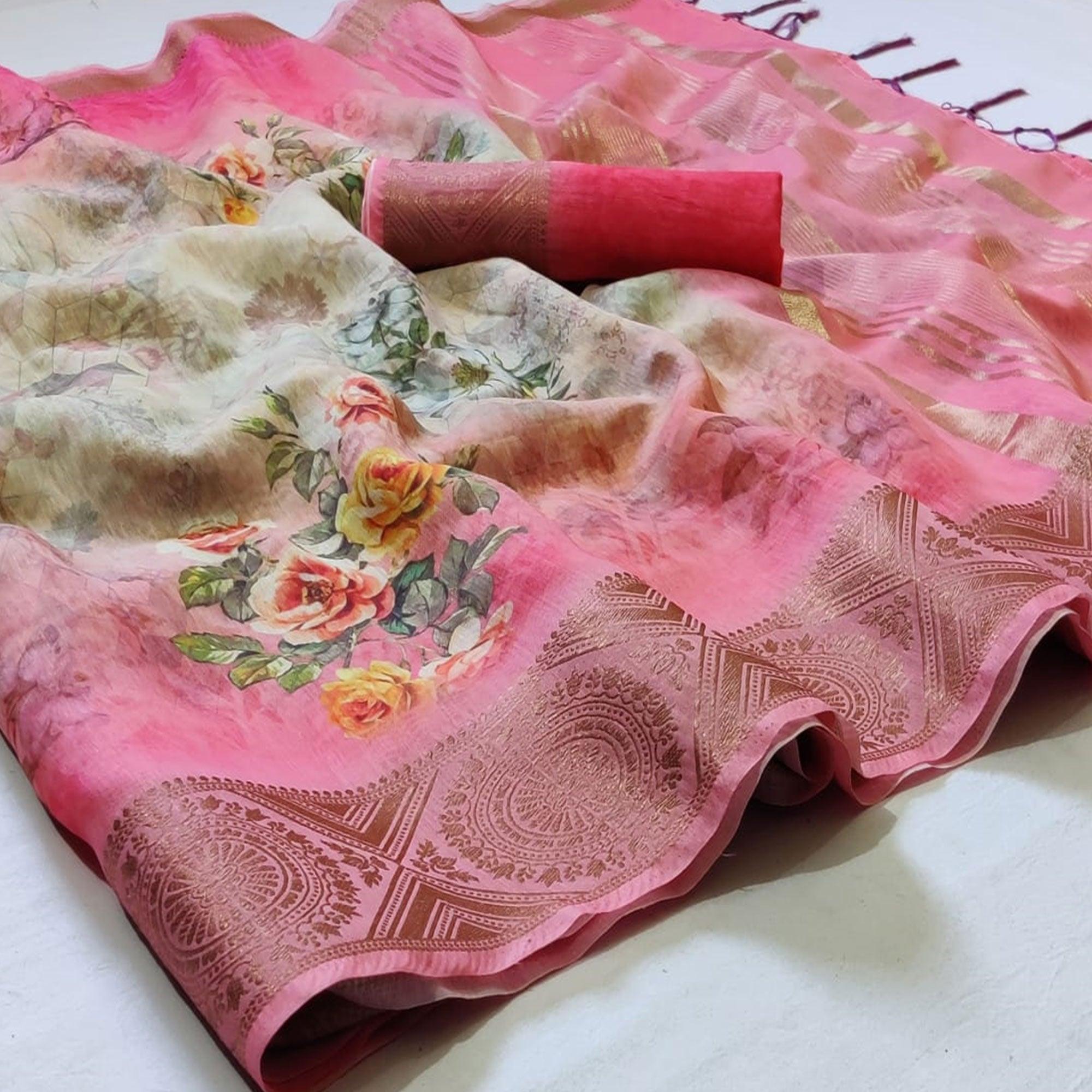 Peachmode Breathtaking Yellow - Pink Colored Festive Wear Woven Banarasi Silk Saree