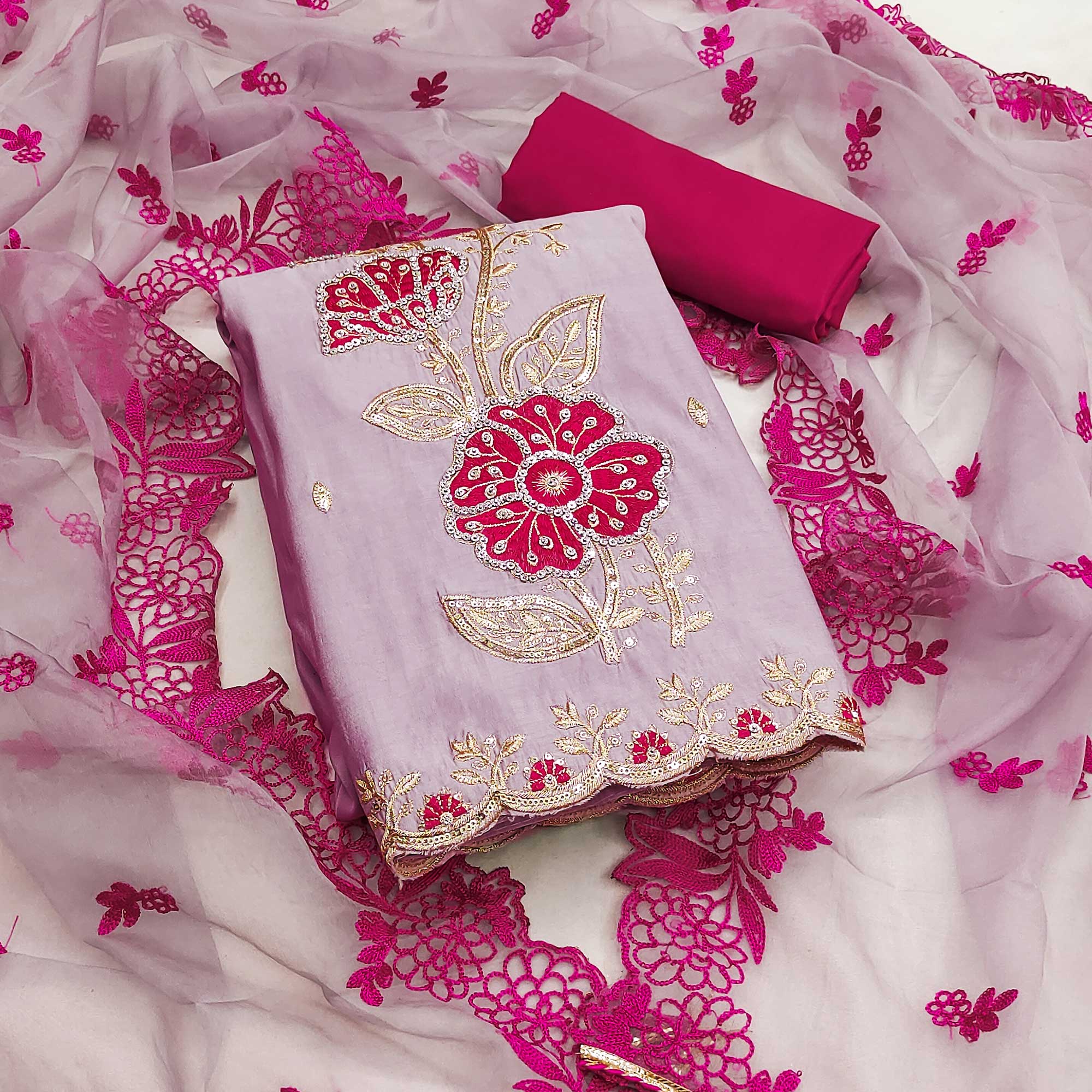 Peachmode Mauve Floral Hand Embroidered Cotton Silk Dress Material