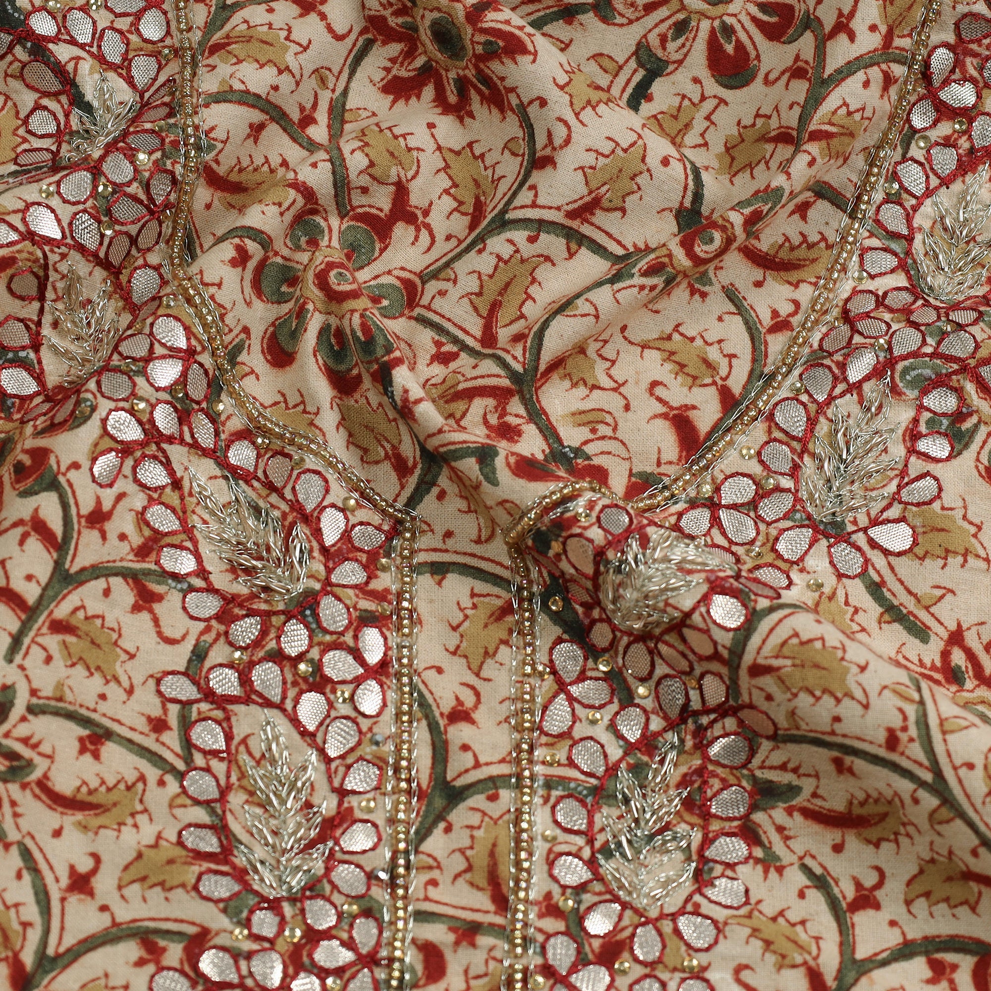 NOORI BAZAR Beige - Embroidered Cotton Kalamkari Print Kurta Material (3m) - view 2