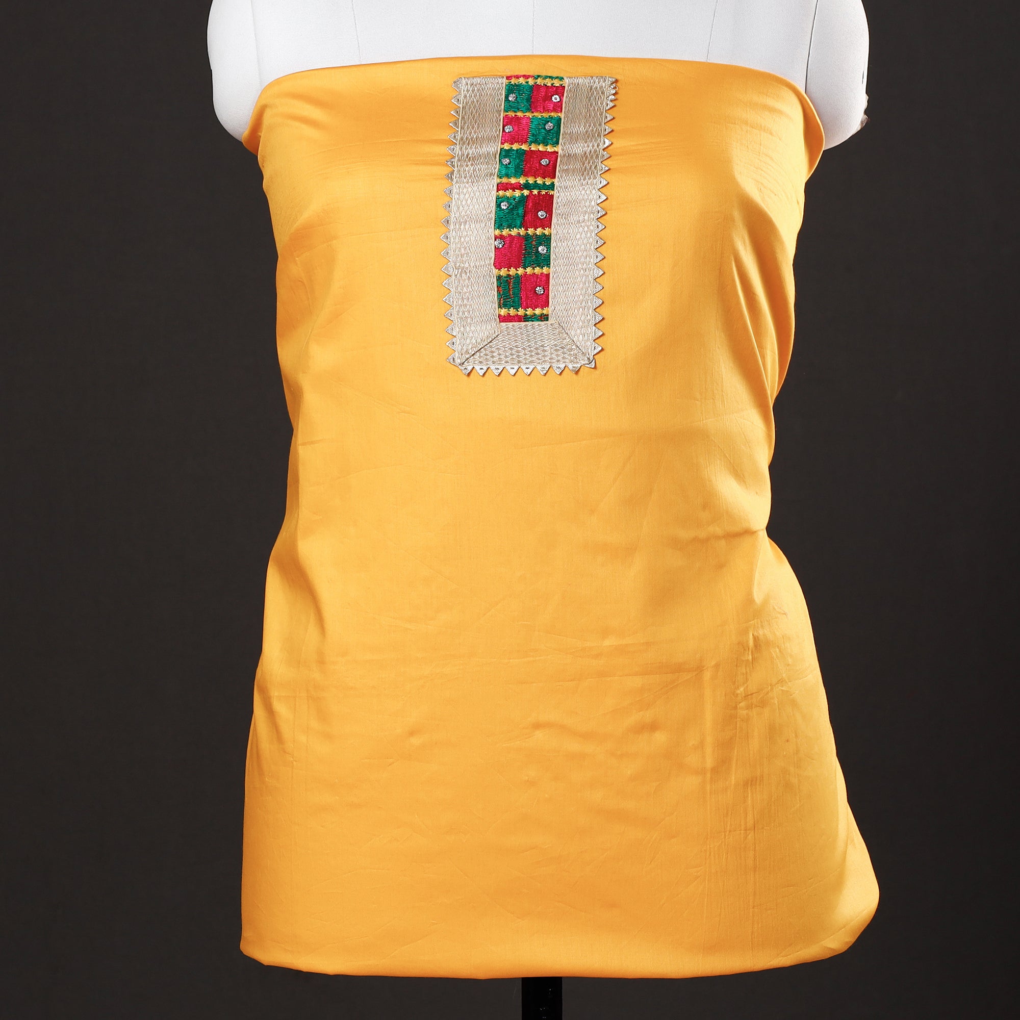 ITOKRI CRAFTS INITIATIVE Yellow - 3pc Phulkari Embroidery Glazed Cotton Suit Material Set with Chinon Dupatta 09 - view 3
