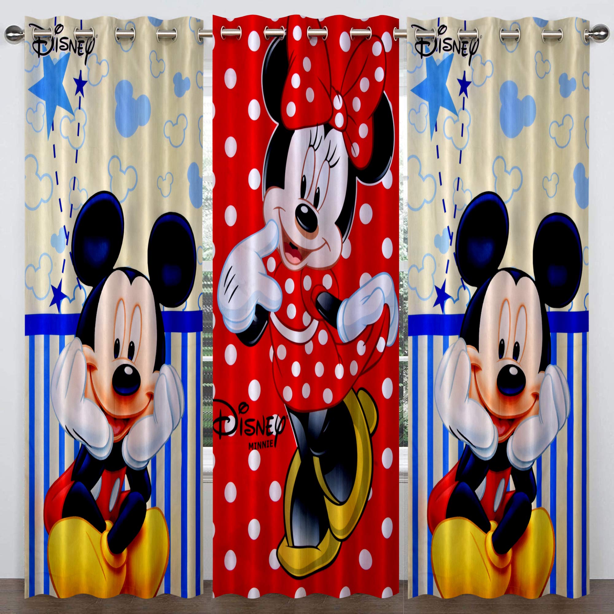 Heart Home Disney Minnie Mickey Print 3 Pieces Polyester Special Blackout Long Crush Eyelet Door Curtain 7 Feet (Red & Cream)- HEART1268