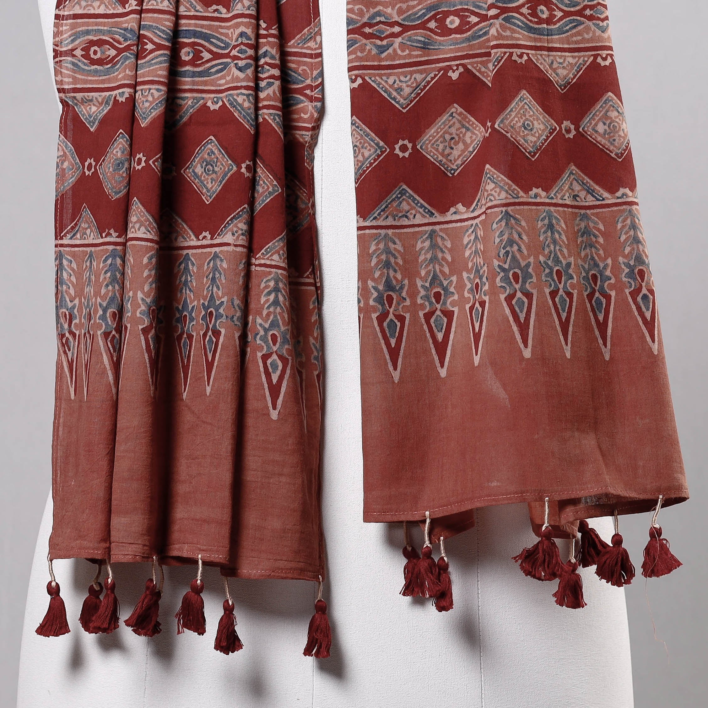 RIYAZ ABDULMAJID KHATRI - AJRAKH Brown - Ajrakh Block Printed Mul Cotton Stole with Tassels - view 3