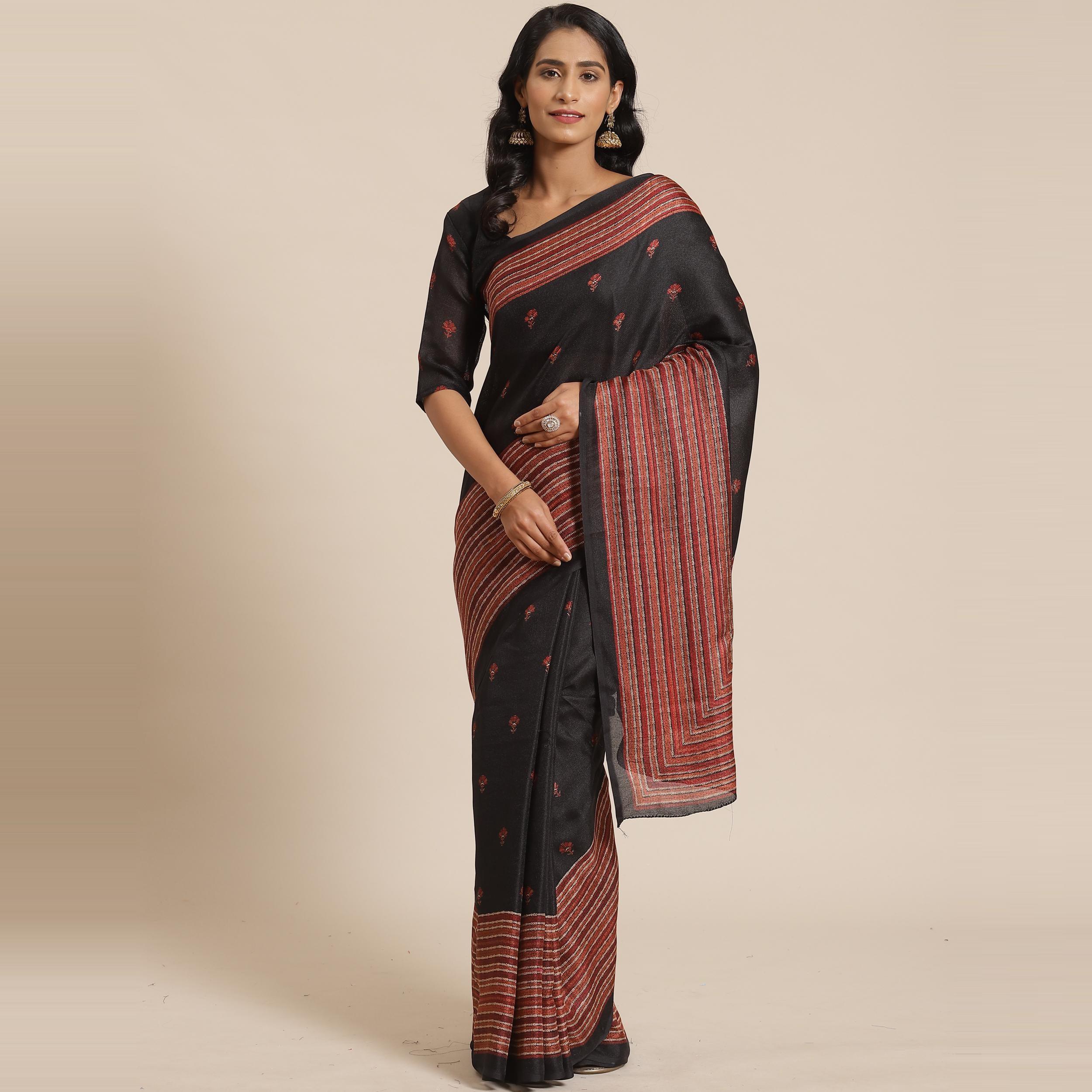 Peachmode Majesty Black Colored Casual Wear Printed Jute Silk Saree