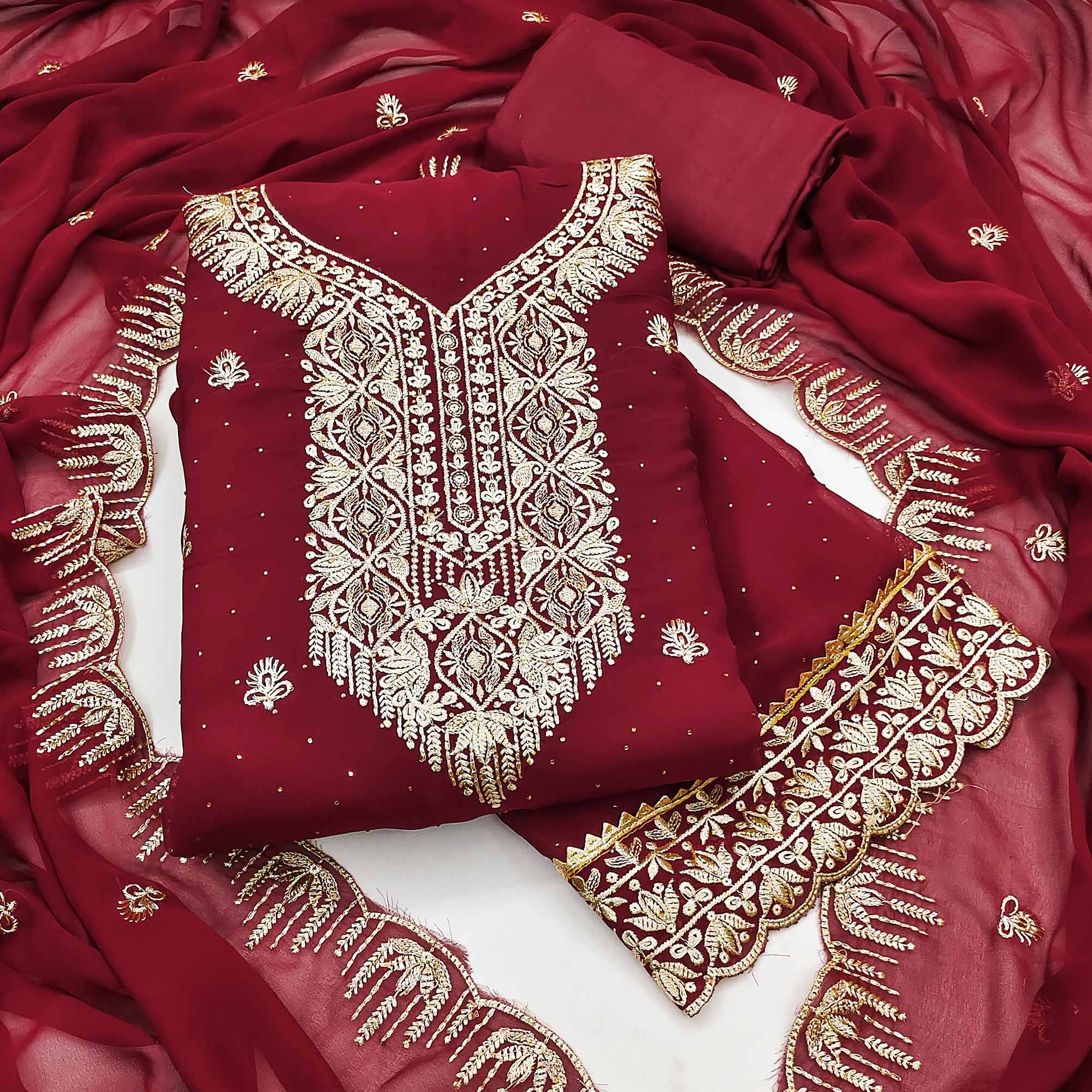 Peachmode Maroon Floral Embroidered With Stonework Georgette Dress Material