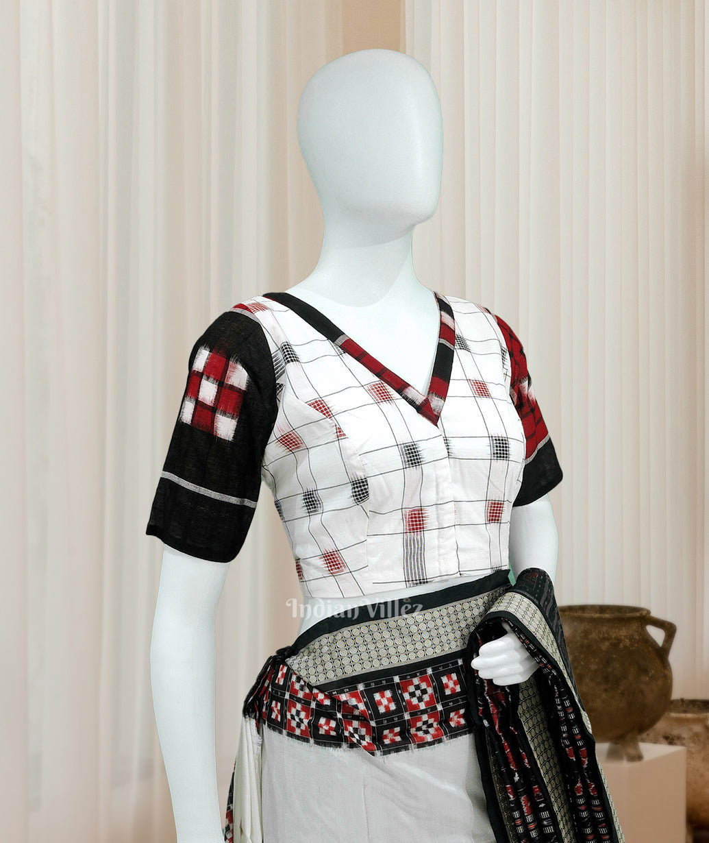 IndianVillèz White with Multicolor Odisha Ikat Sambalpuri Cotton Blouse
