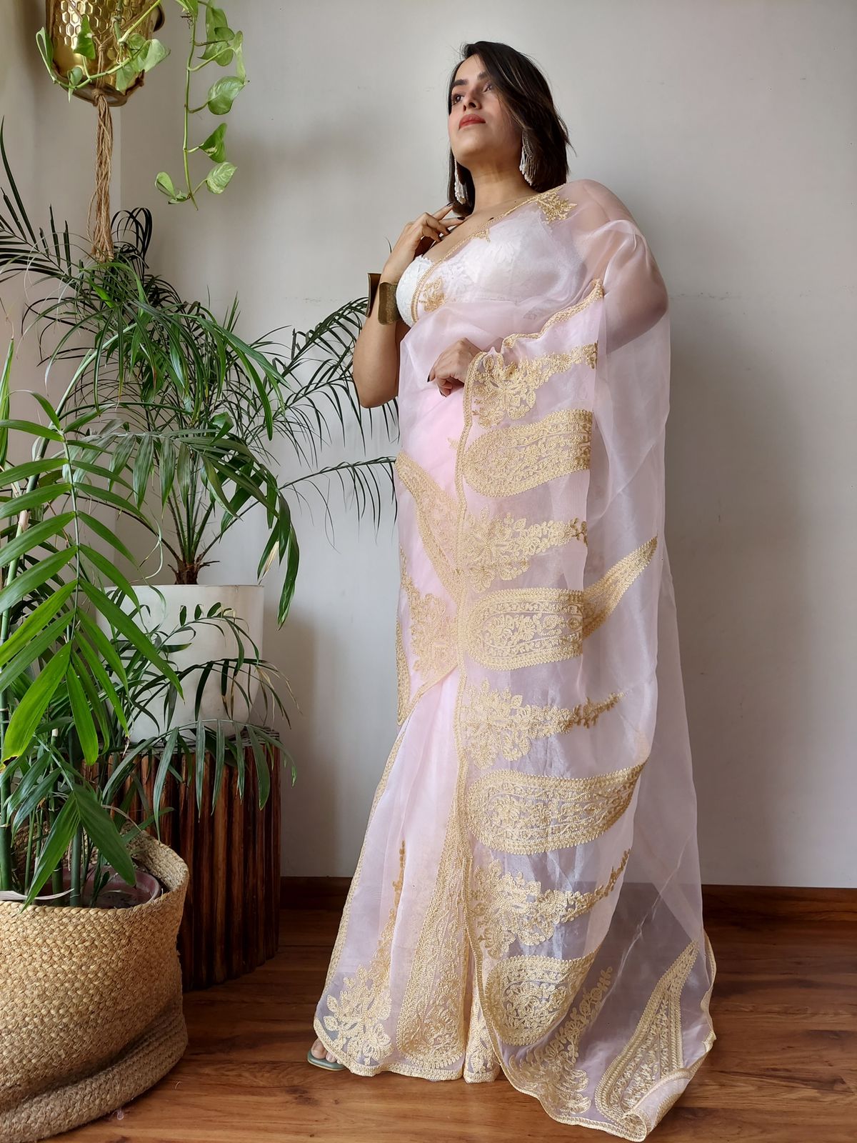 ClothsVilla Baby Pink Semi-Pure Organza Saree with Exquisite Lucknowi Work & Matching Blouse - view 2