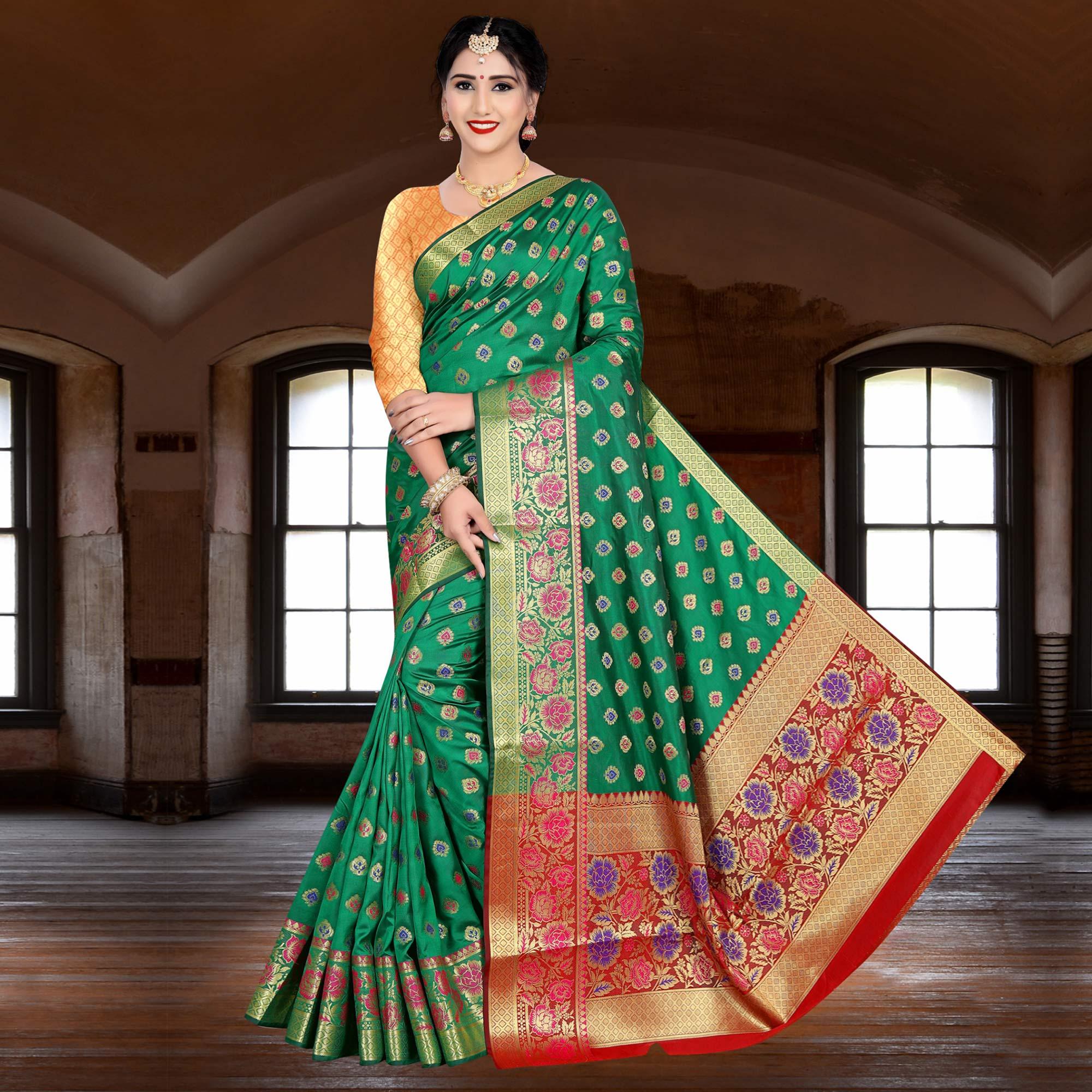 Peachmode Flaunt Green Colored Festive Wear Woven Silk Saree