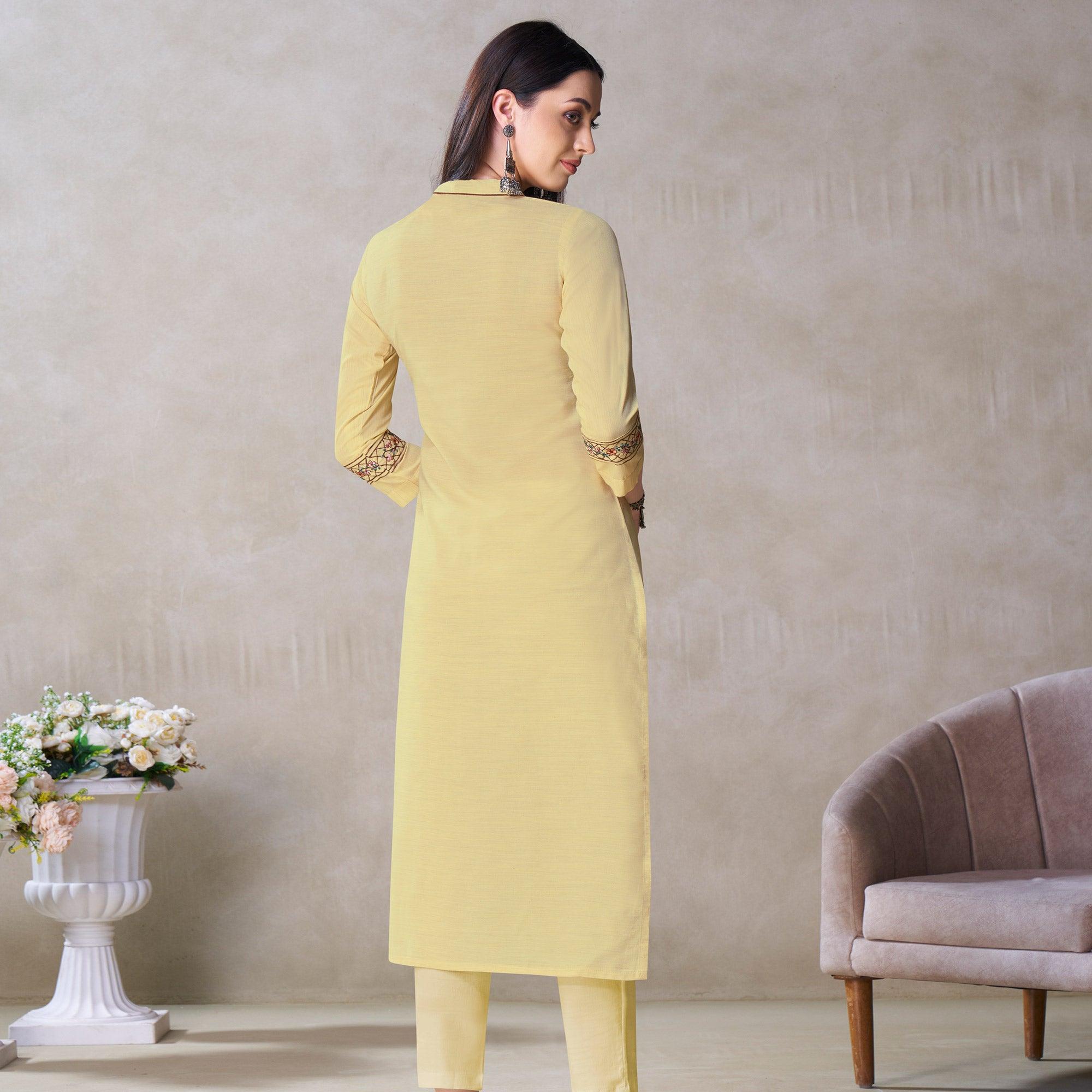 Peachmode Seller Exclusive Pastel Yellow Colored Partywear Embroidered Viscose Kurti - view 2