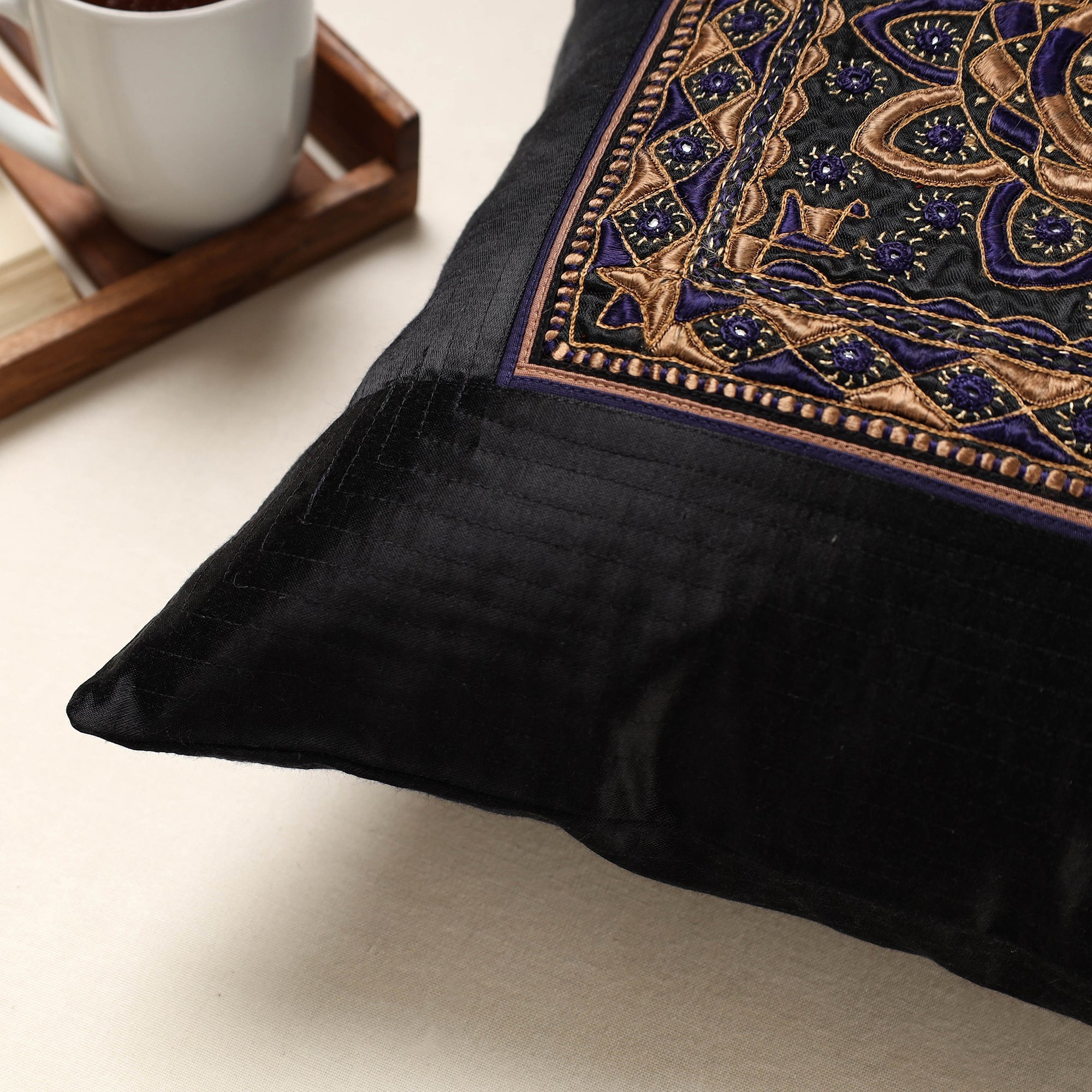QASAB Black - Kutch Pakko Bherni Hand Embroidery Mashru Silk Cushion Cover (16 x 16 in) - view 2