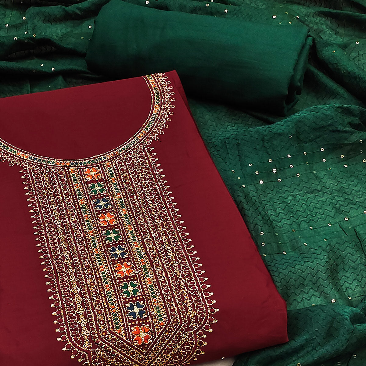Peachmode Maroon Embroidered Cotton Silk Dress Material - view 2