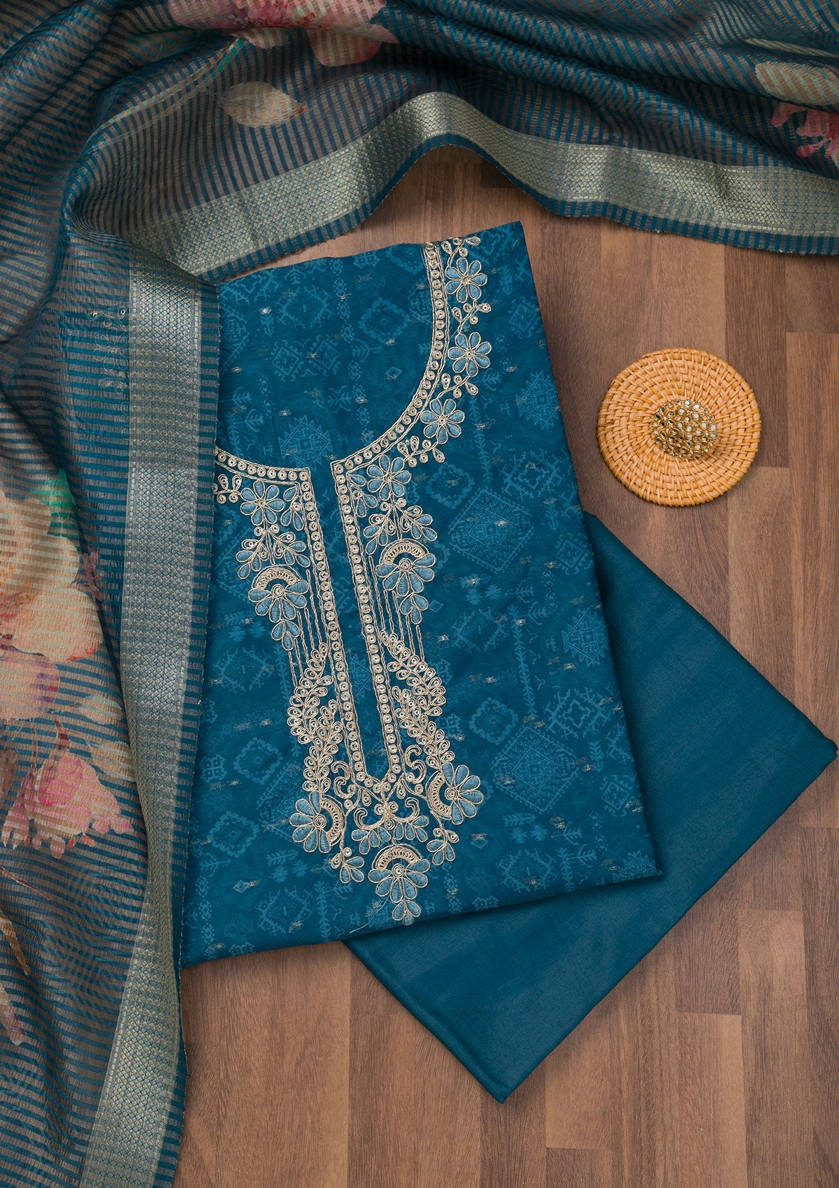 Koskii Peacock Blue Zariwork Cotton Unstitched Salwar Suit