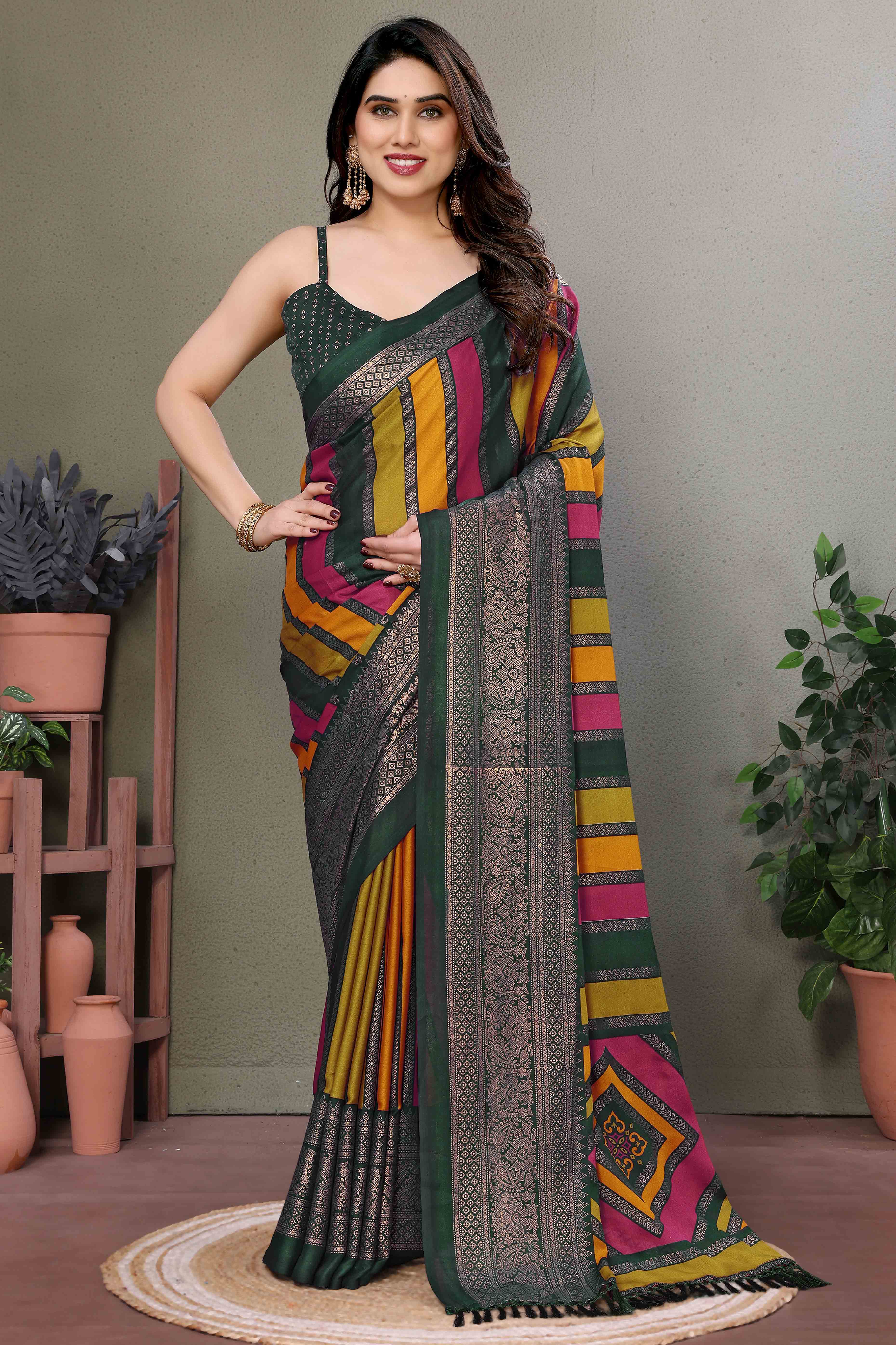 Peachmode Dark Green Striped Foil Printed Moss Satin Saree Saree With Tassels