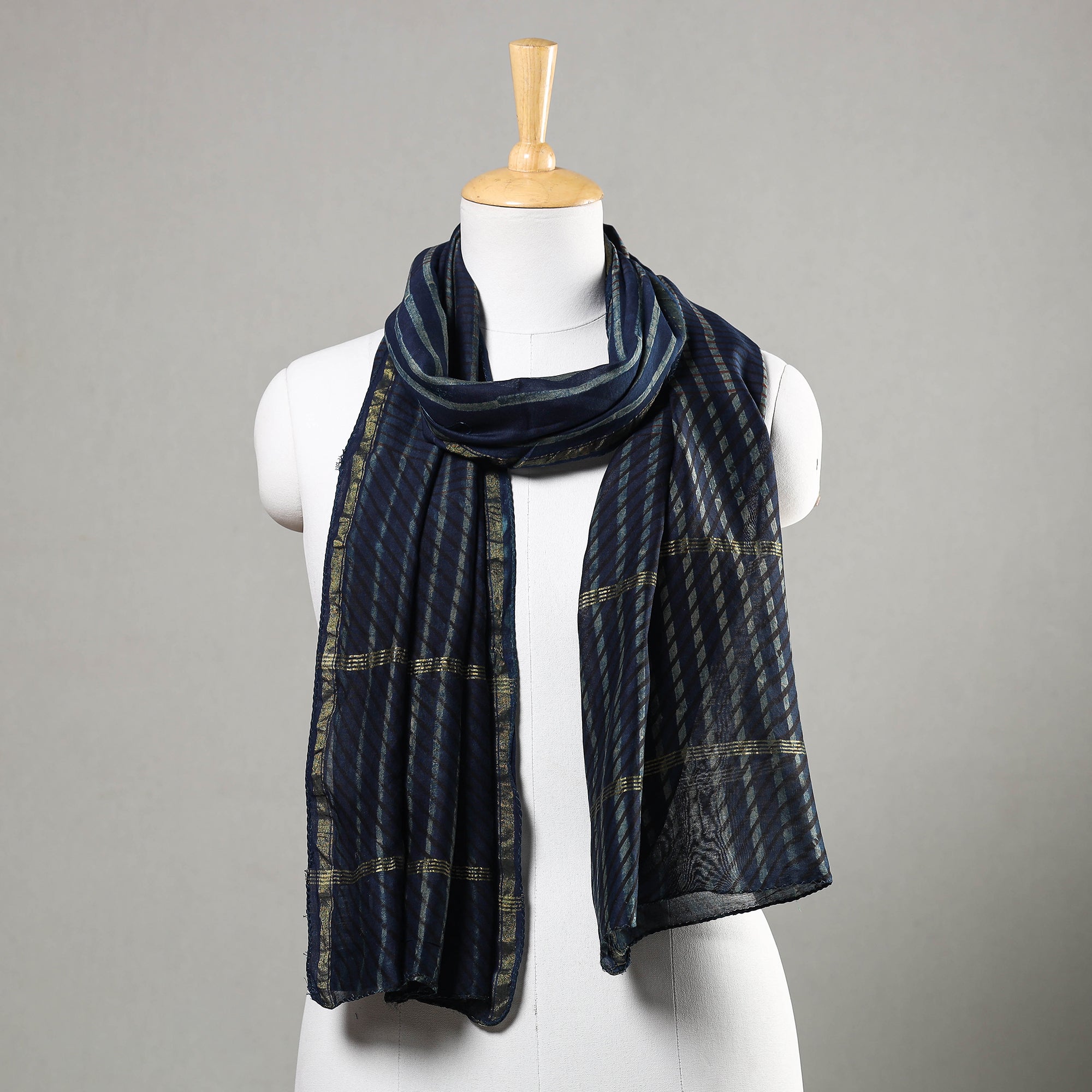 HAVELI CHRONICLES Blue - Akola Block Printed Chanderi Silk Handloom Stole with Zari Border