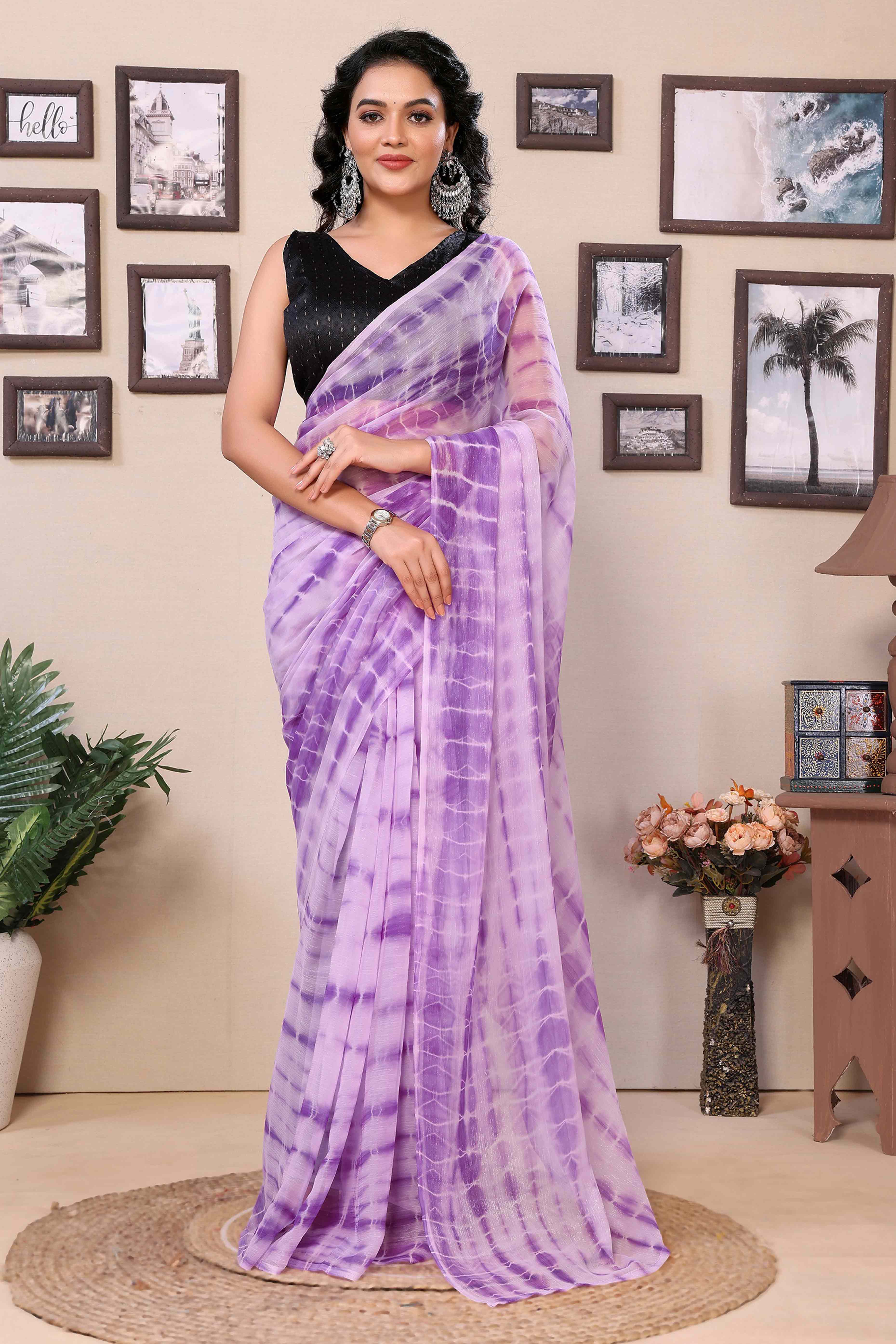 Peachmode Seller Lavender Shibori Printed Georgette Ready To Wear Saree