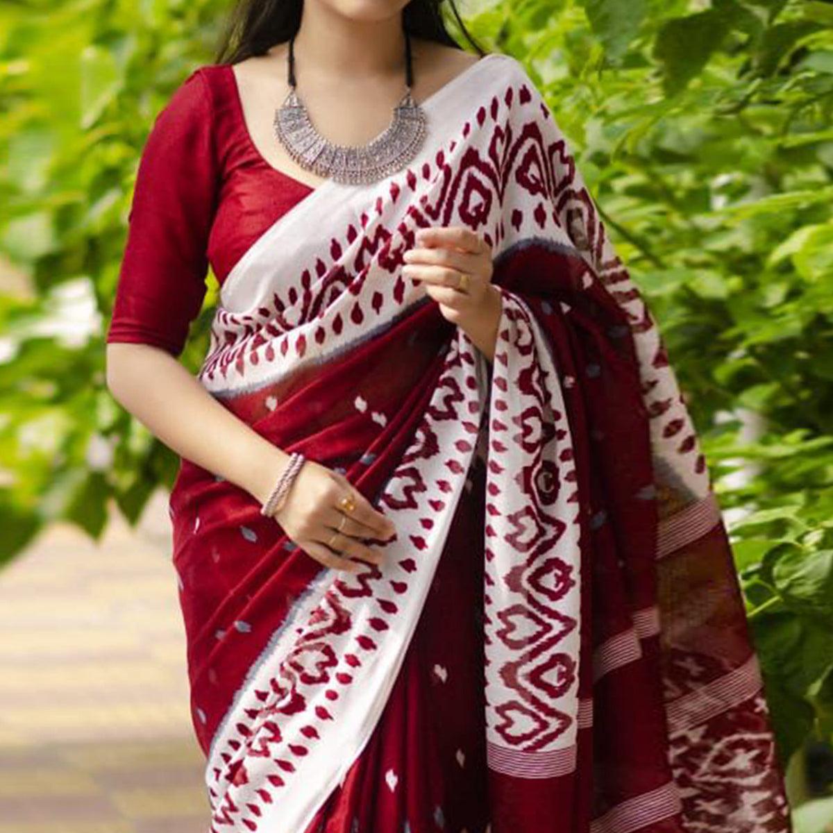 Peachmode Maroon Digital Ikkat Printed Linen Saree - view 3