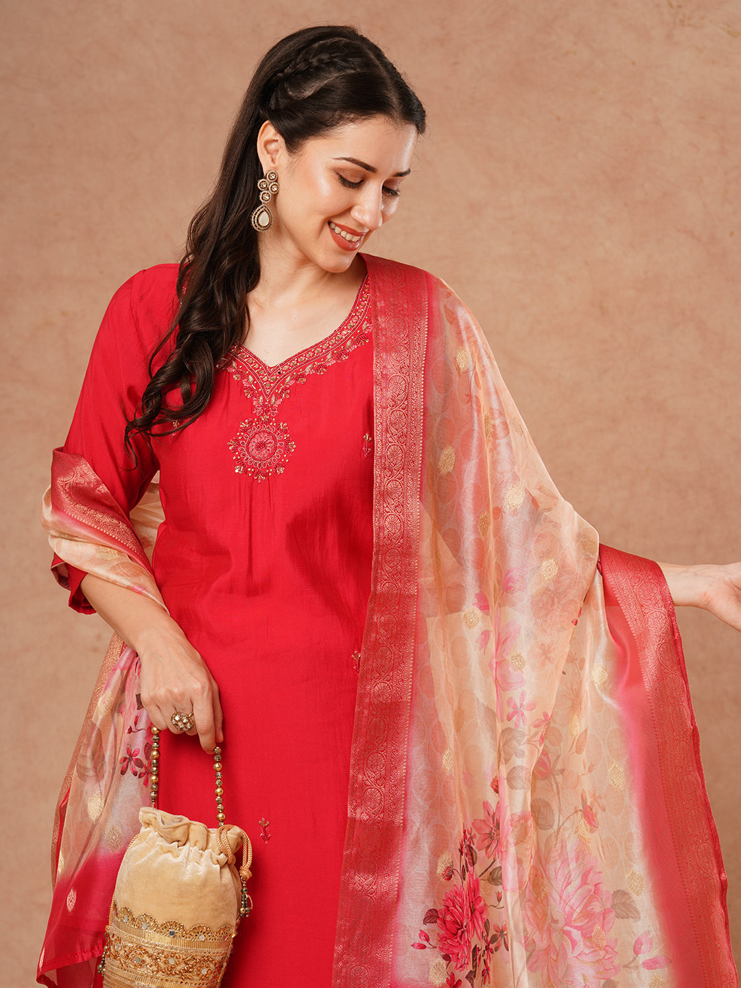 FASHOR Solid Hand Embroidered Straight Fit Kurta with Pant & Printed Dupatta - Pink - view 2