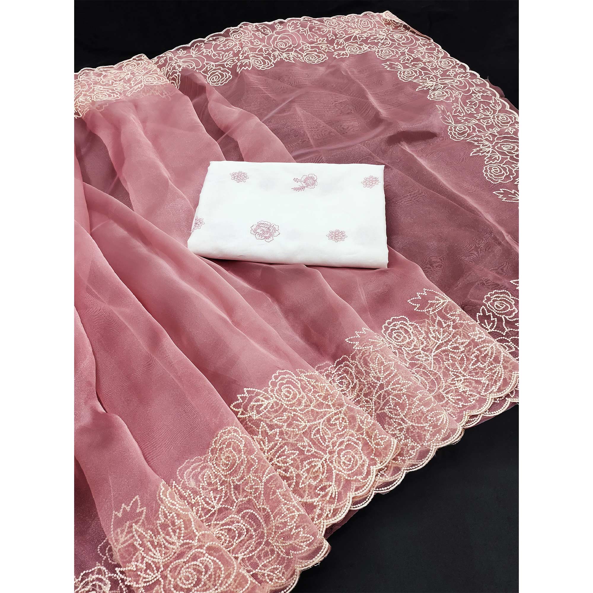 Peachmode Mauve Embroidered Organza Saree – Women's - view 3