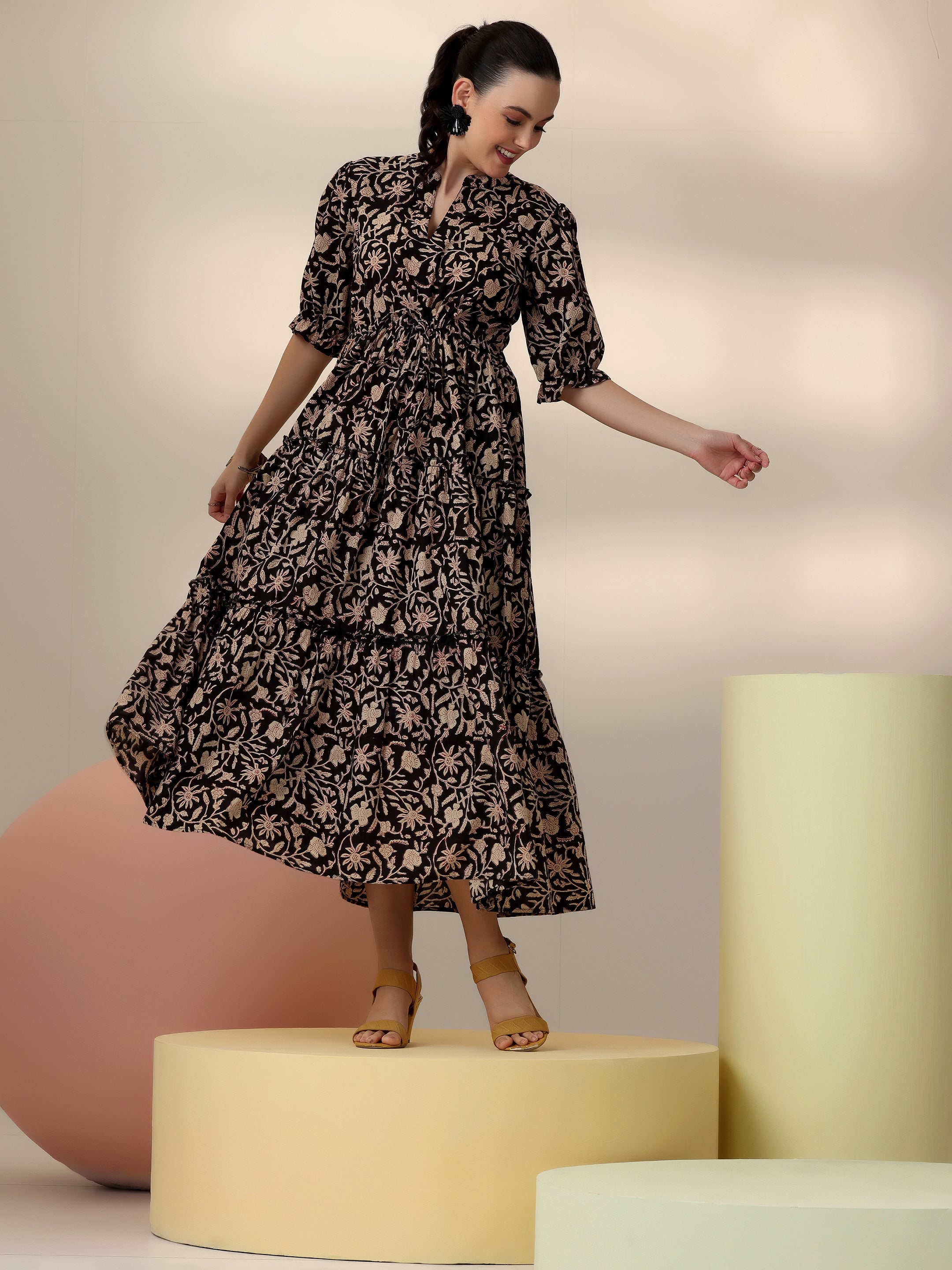 Libas Black Printed Cotton Fit and Flare Dress
