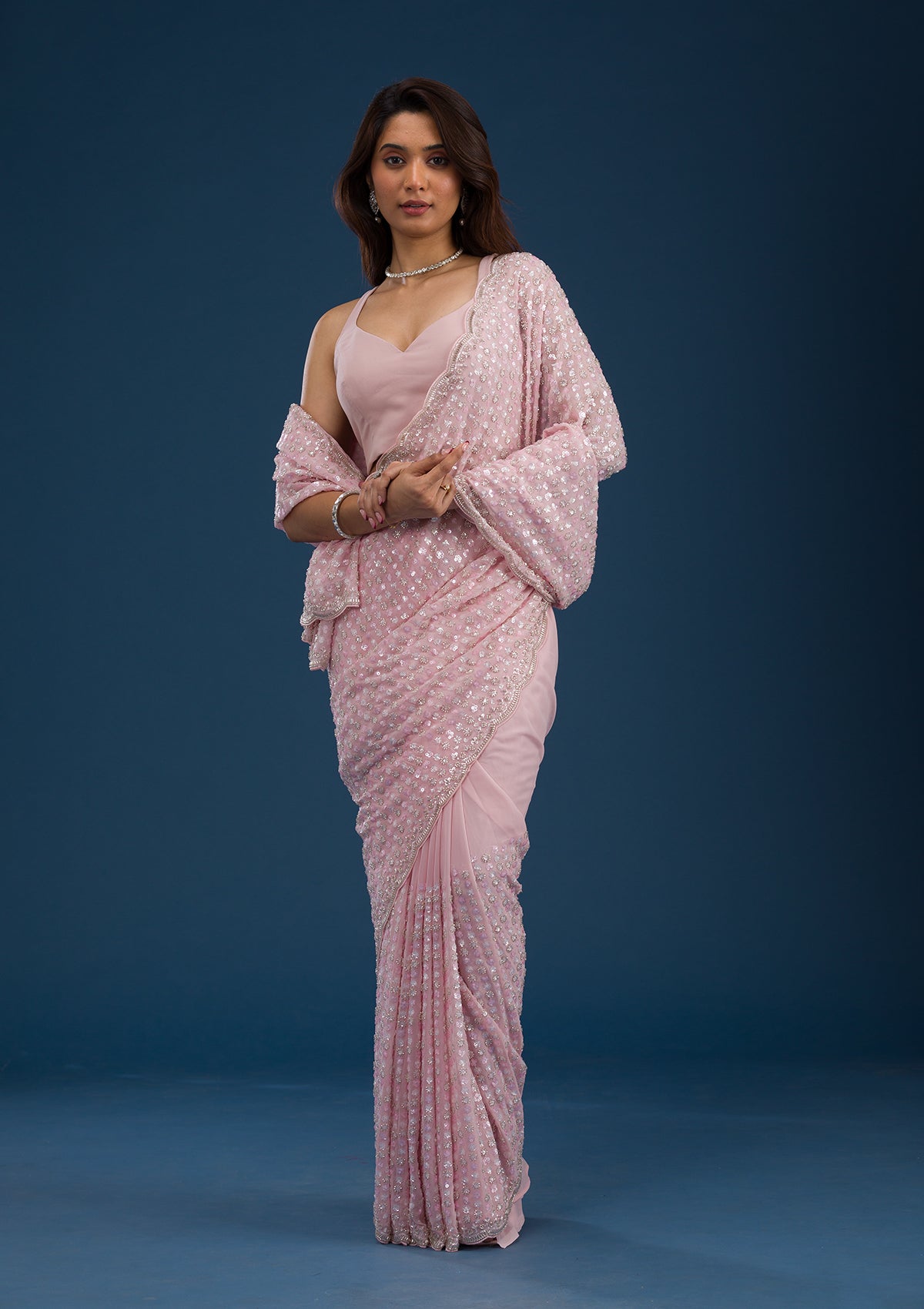 Koskii Baby Pink Sequins Georgette Saree – Women's