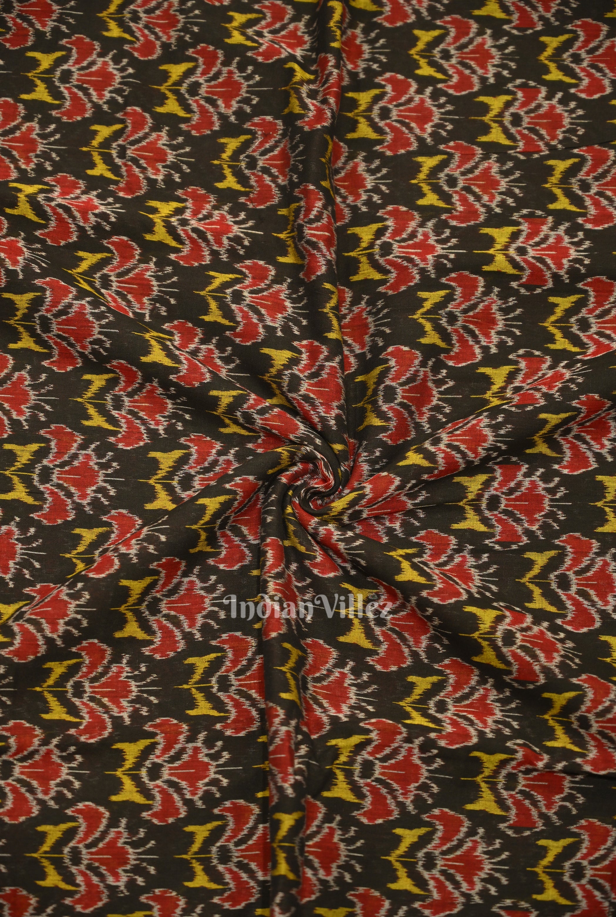 IndianVillèz Black Floral Motif Sambalpuri Ikat Cotton Fabric
