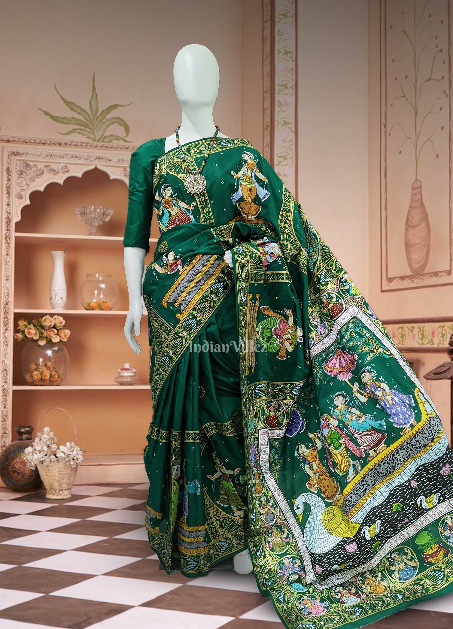 IndianVillèz Green Radha Krishna Boita Theme Hand-Painted Pattachitra Saree