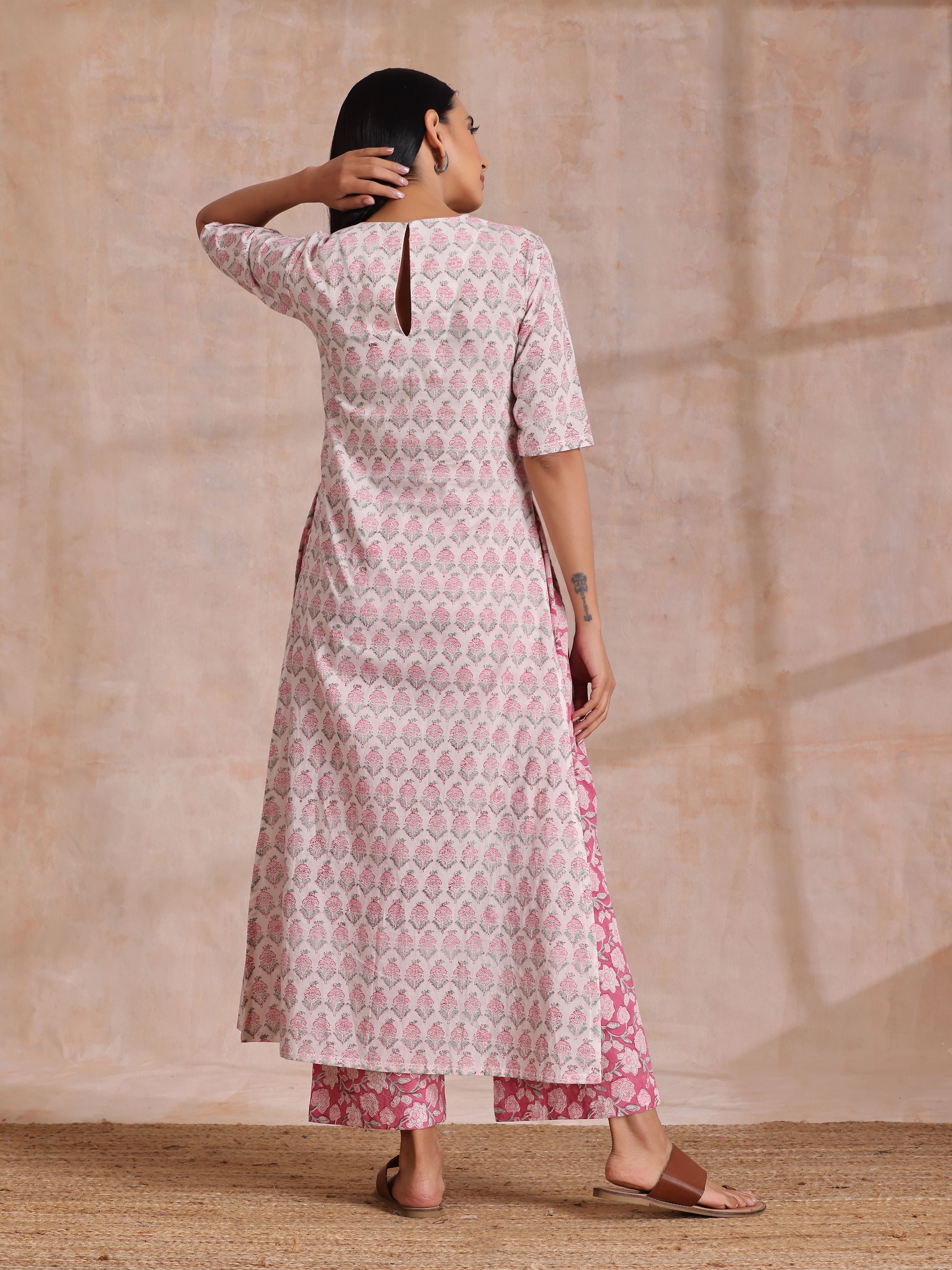 Pink Green Floral On White Block Print Cotton Slit Kurta Pant Set | Relove - view 6