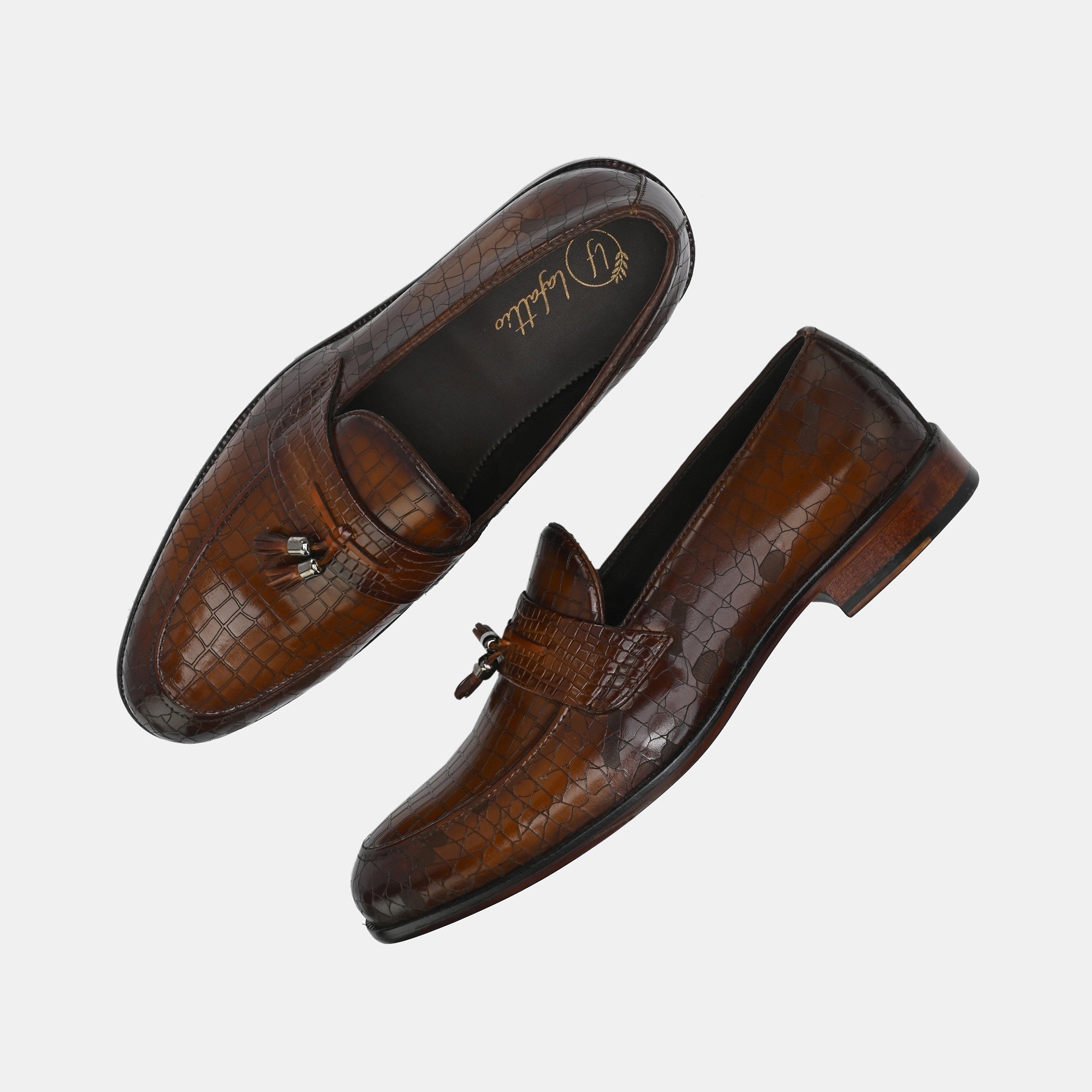 Tan Laser Engraved Tassel Loafers by Lafattio - view 2