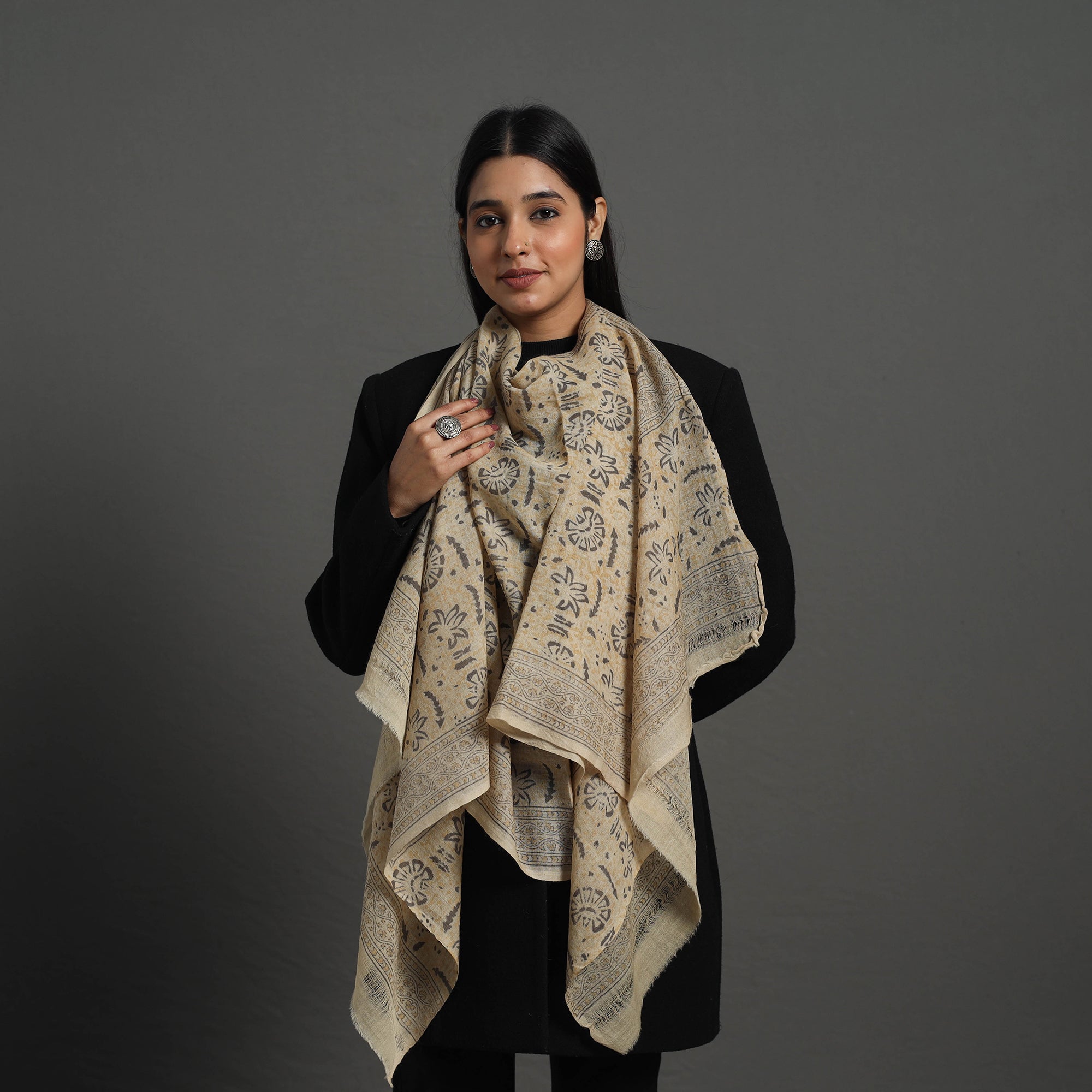 PITCHUKA SRINIVAS KALAMKARI PEDANA Beige - Block Print Pedana Kalamkari Wool Stole 39 - view 2