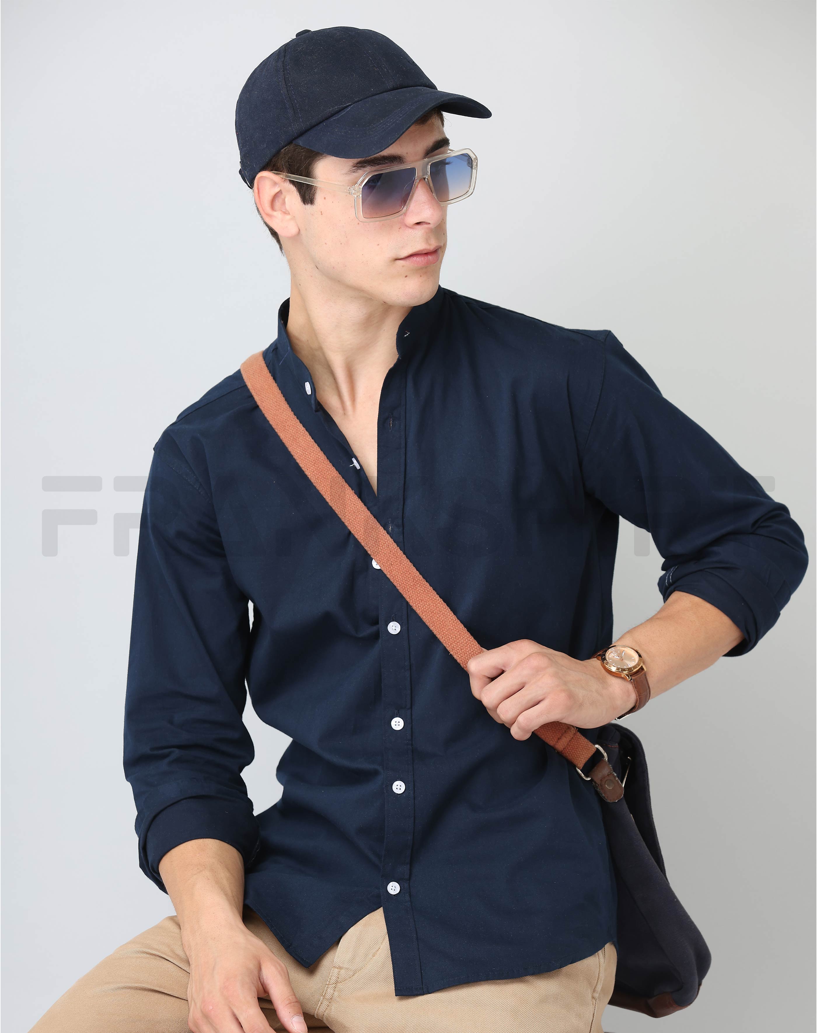 BlackTree Frankshirt Chinese Collar Navy Blue Solid Tailored Fit Cotton Casual Shirt for Man - view 4