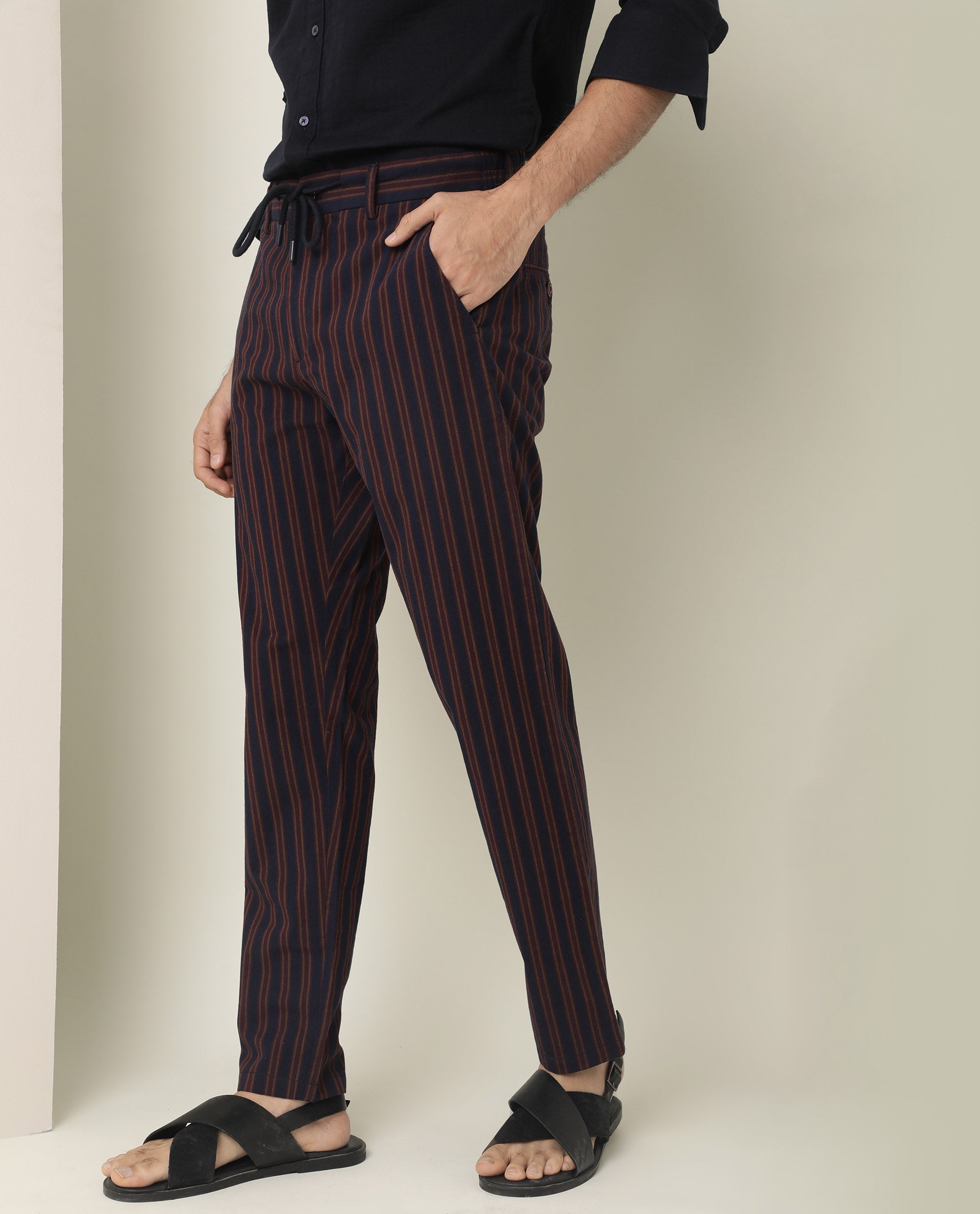 Rare Rabbit Men's Banny Navy Mid-Rise Regular Fit With Drawstring And Elastic Waistband Striped Trouser - view 3