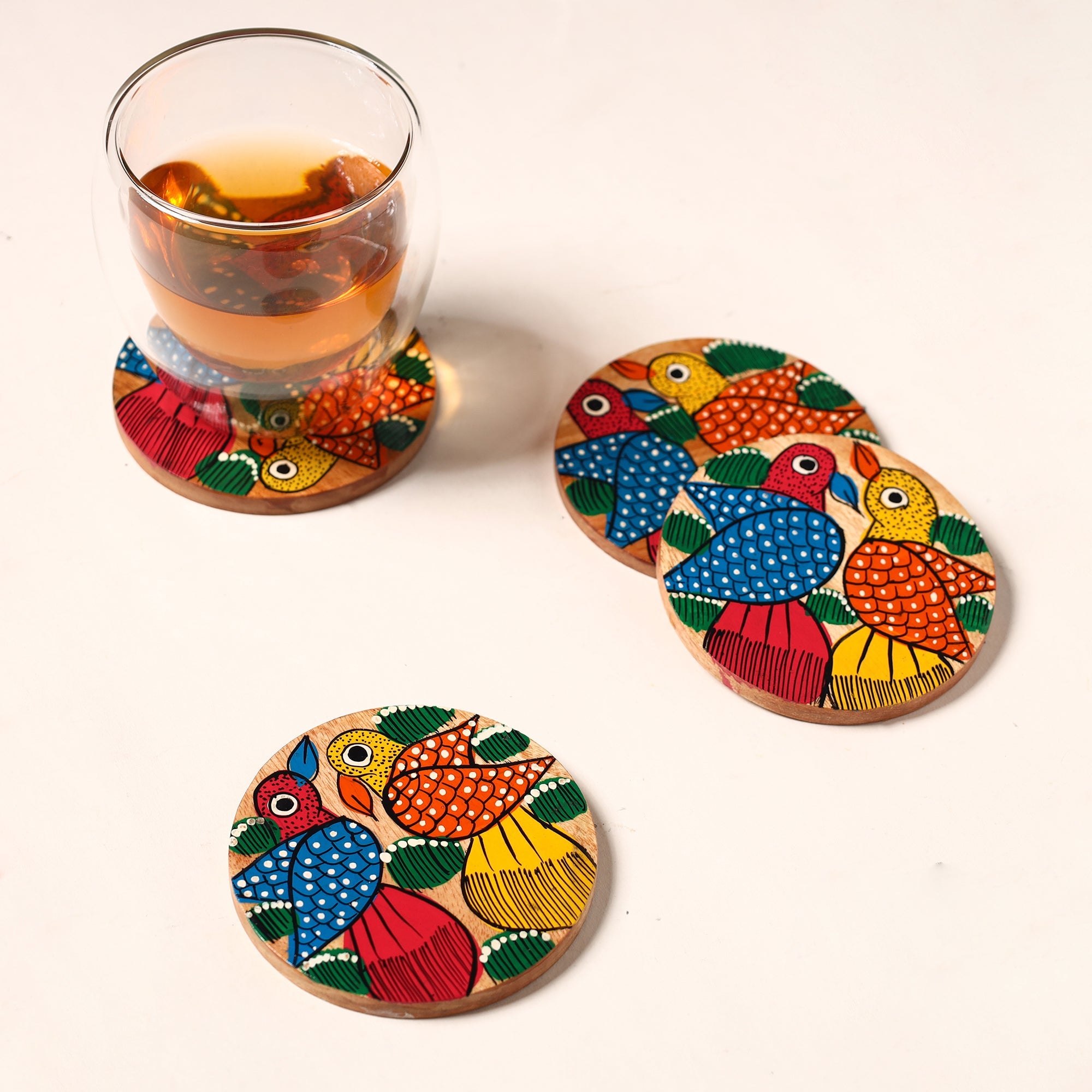 ITOKRI CRAFTS INITIATIVE Bengal Patua Handpainted Akashmoni Wooden Coasters (Set of 4) 02