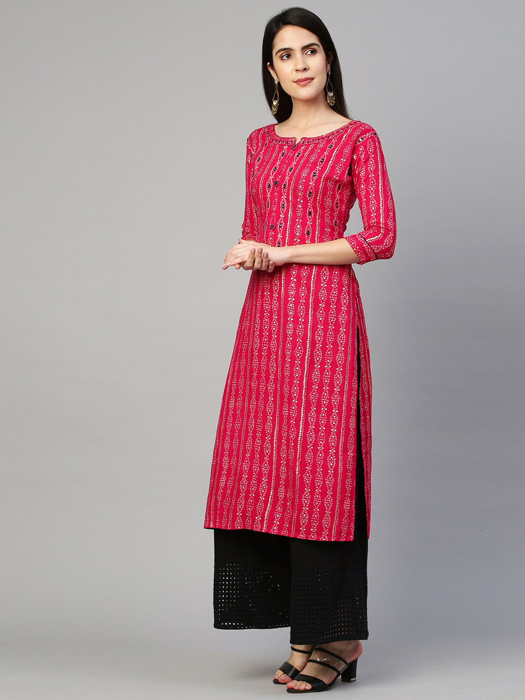 Fashor Bandhej Printed & Embroidered Kurta - Hot Pink - view 7
