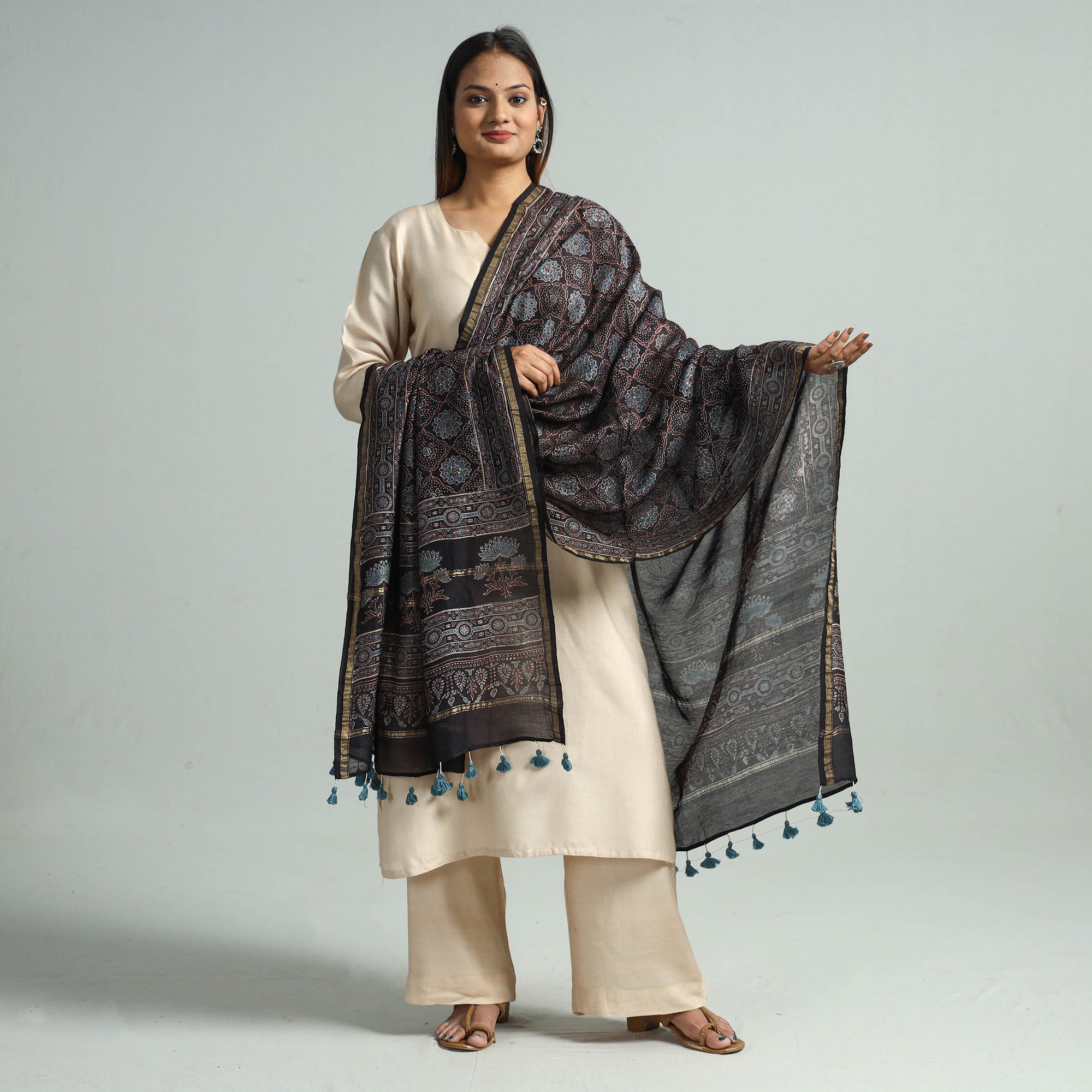 KACHCHH JI CHHAAP Black - Hand Block Print Chanderi Silk Ajrakh Dupatta 51 - view 2