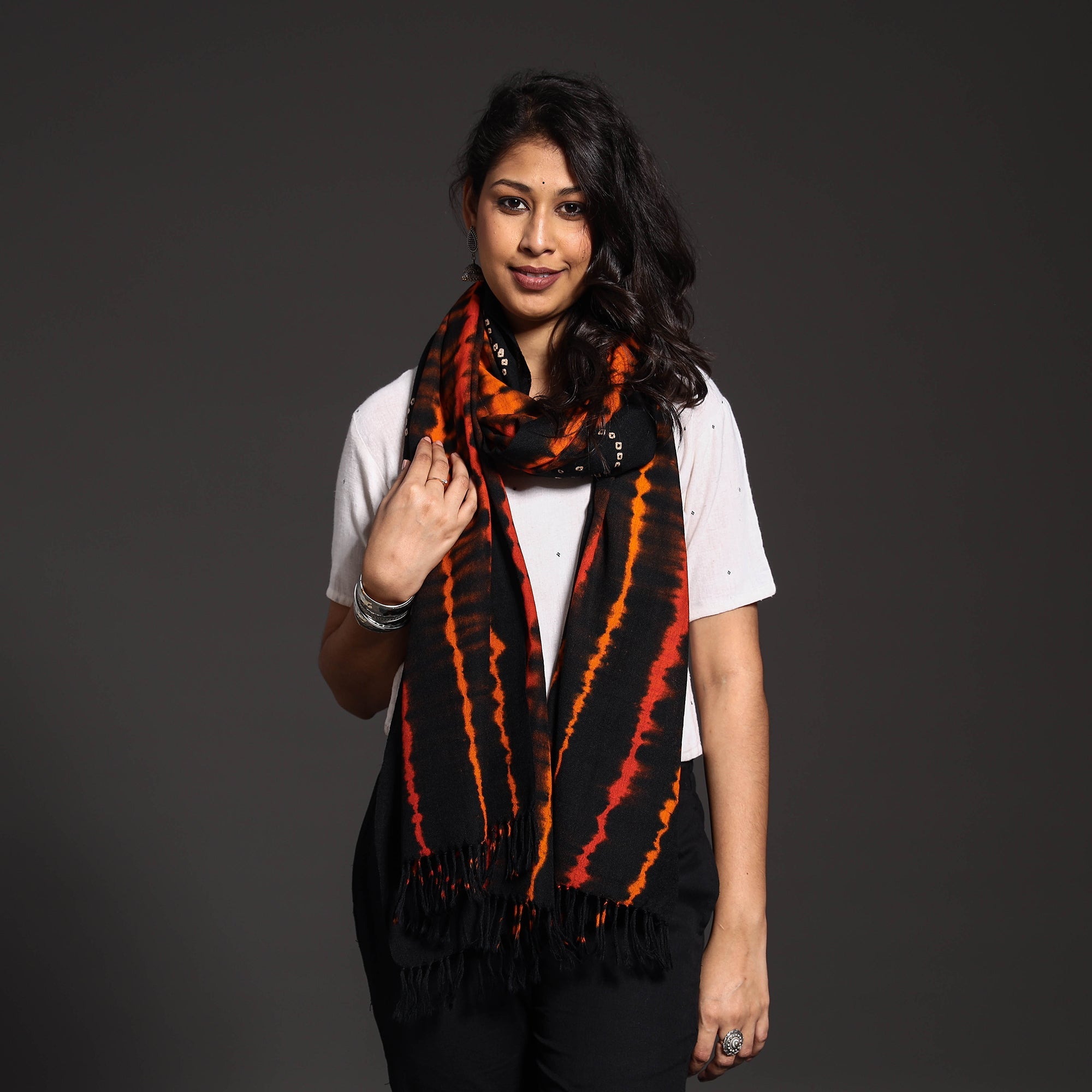 Shibori bandhani stole – VANKAR BHIMJI KANJI Black - Handwoven Tie-Dye Merino Wool Shibori & Bandhani stole