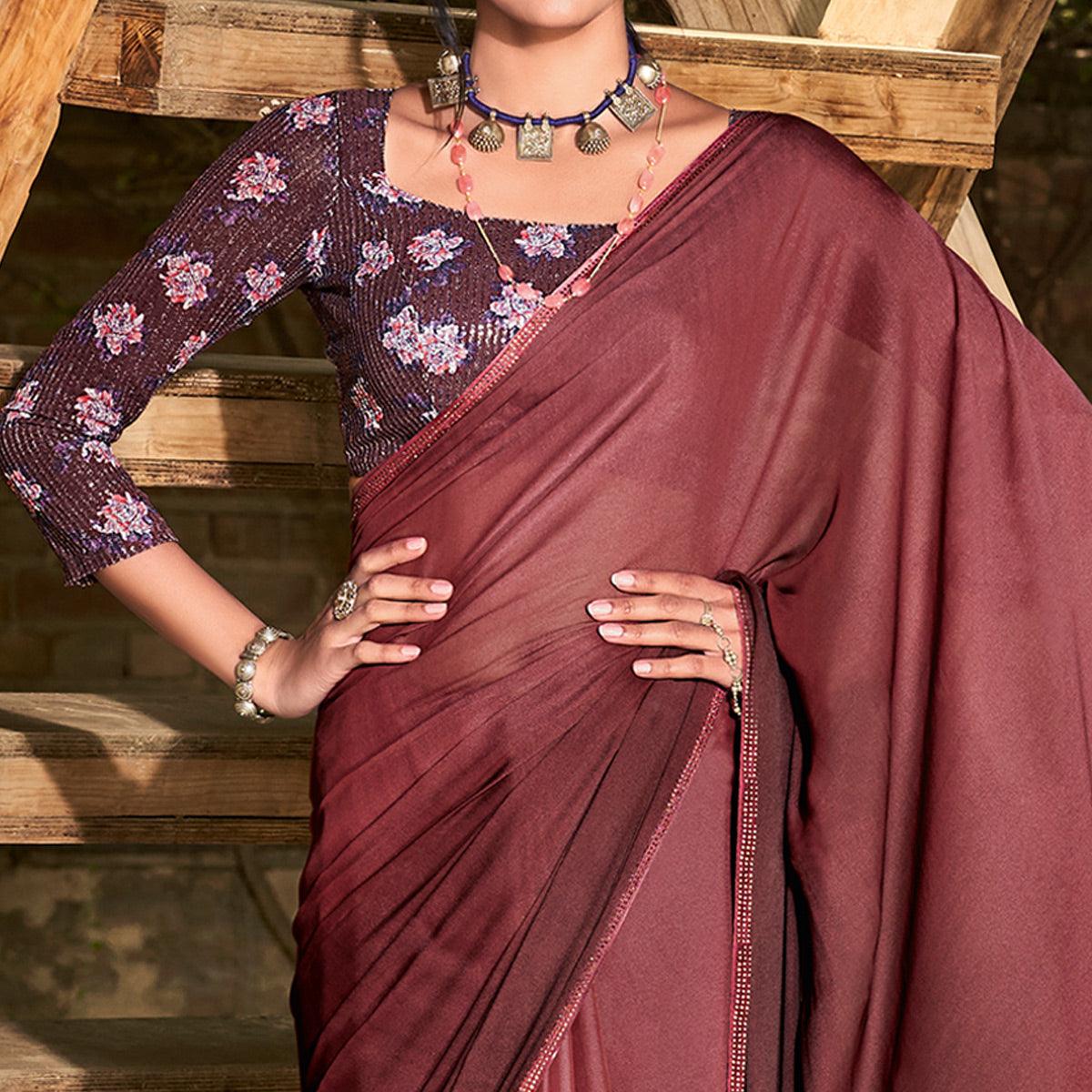Peachmode Brown Solid Chiffon Saree – Women's - view 2